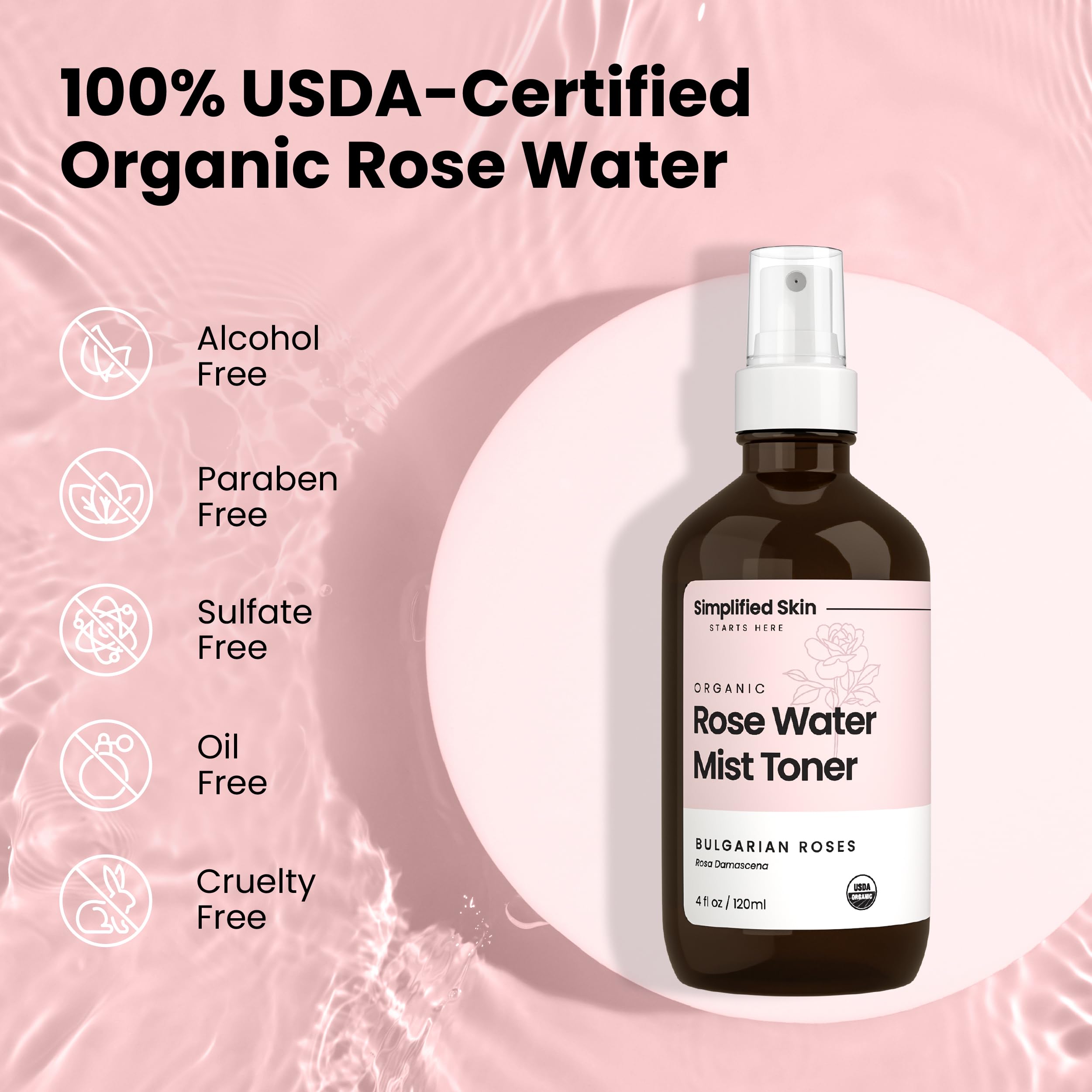Simplified Skin Rose Water Spray for Face & Hair – USDA Organic Rosewater Toner, 4 oz
