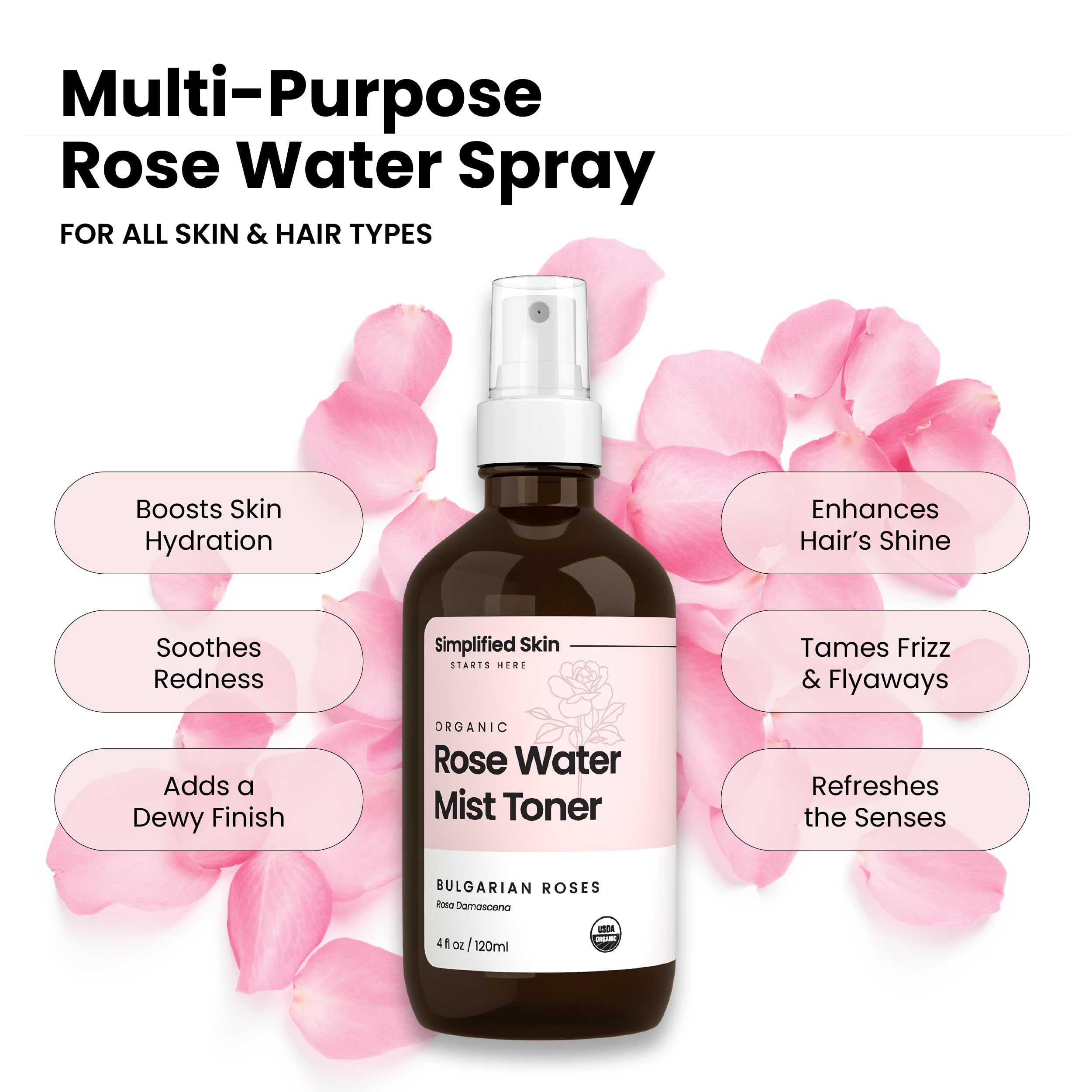 Simplified Skin Rose Water Spray for Face & Hair – USDA Organic Rosewater Toner, 4 oz