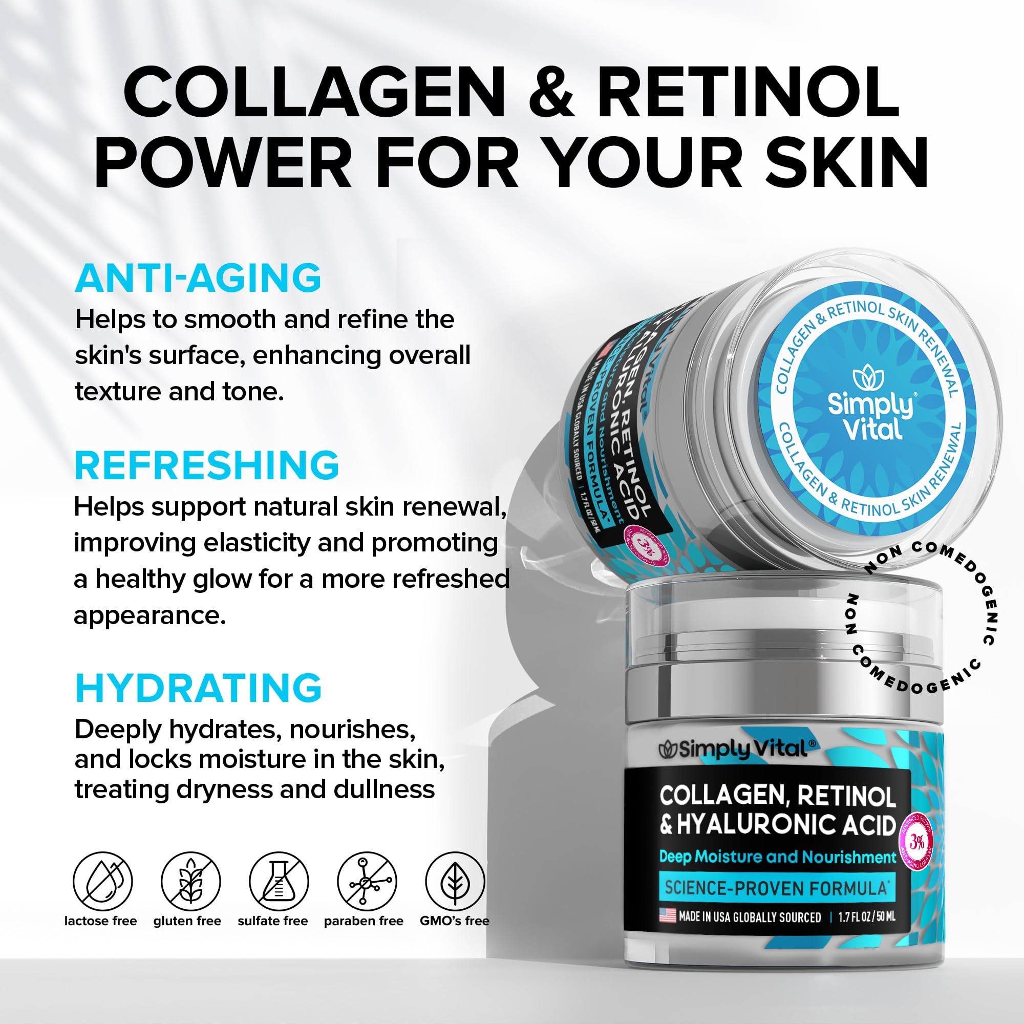 SimplyVital Anti-Aging Face Moisturizer with Retinol, Collagen & Hyaluronic Acid – Made in USA | 1.7 fl oz