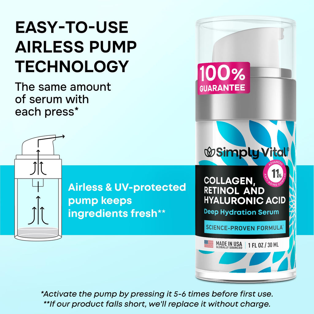 SimplyVital Collagen, Retinol & Hyaluronic Acid Serum – Anti-Aging Daily Moisturizer for Face, Neck & Chest | Made in USA | 1 fl oz