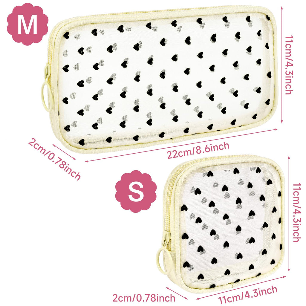 Sinzip 4-Piece Mini Zipper Nylon Mesh Pouches | Heart Print Pink | Travel & Office Organizer Bags