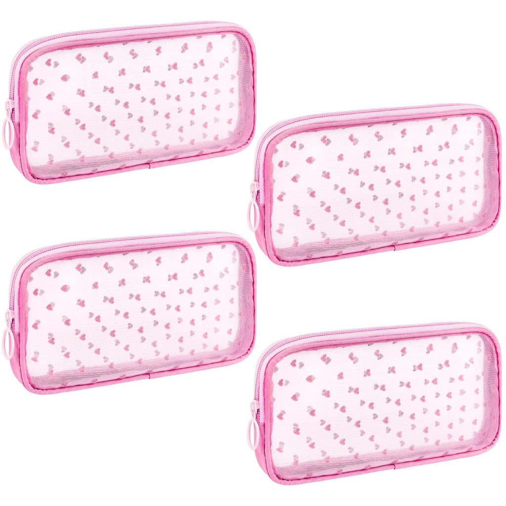 Sinzip 4-Piece Mini Zipper Nylon Mesh Pouches | Heart Print Pink | Travel & Office Organizer Bags