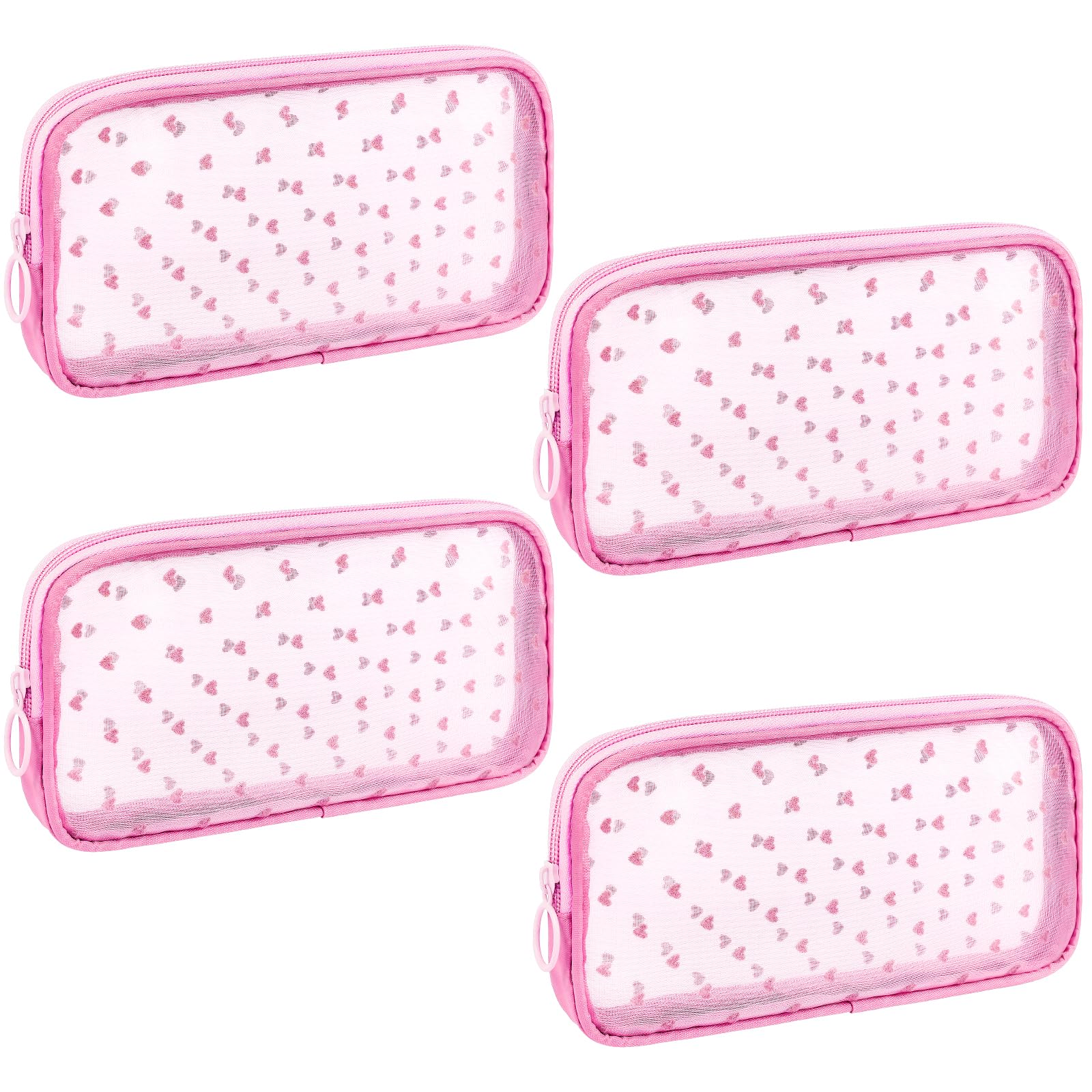 Sinzip 4-Piece Mini Zipper Nylon Mesh Pouches | Heart Print Pink | Travel & Office Organizer Bags