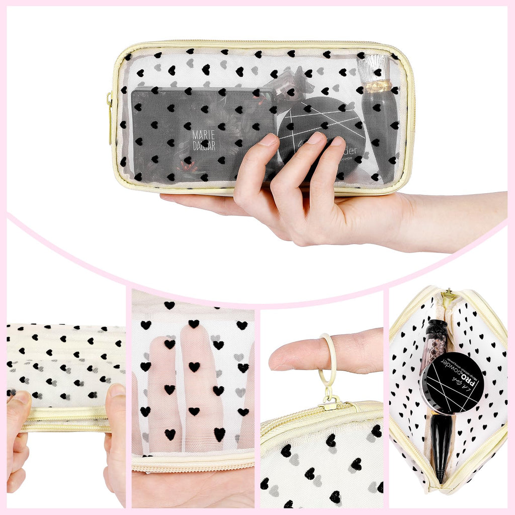 Sinzip 4-Piece Mini Zipper Nylon Mesh Pouches | Heart Print Pink | Travel & Office Organizer Bags