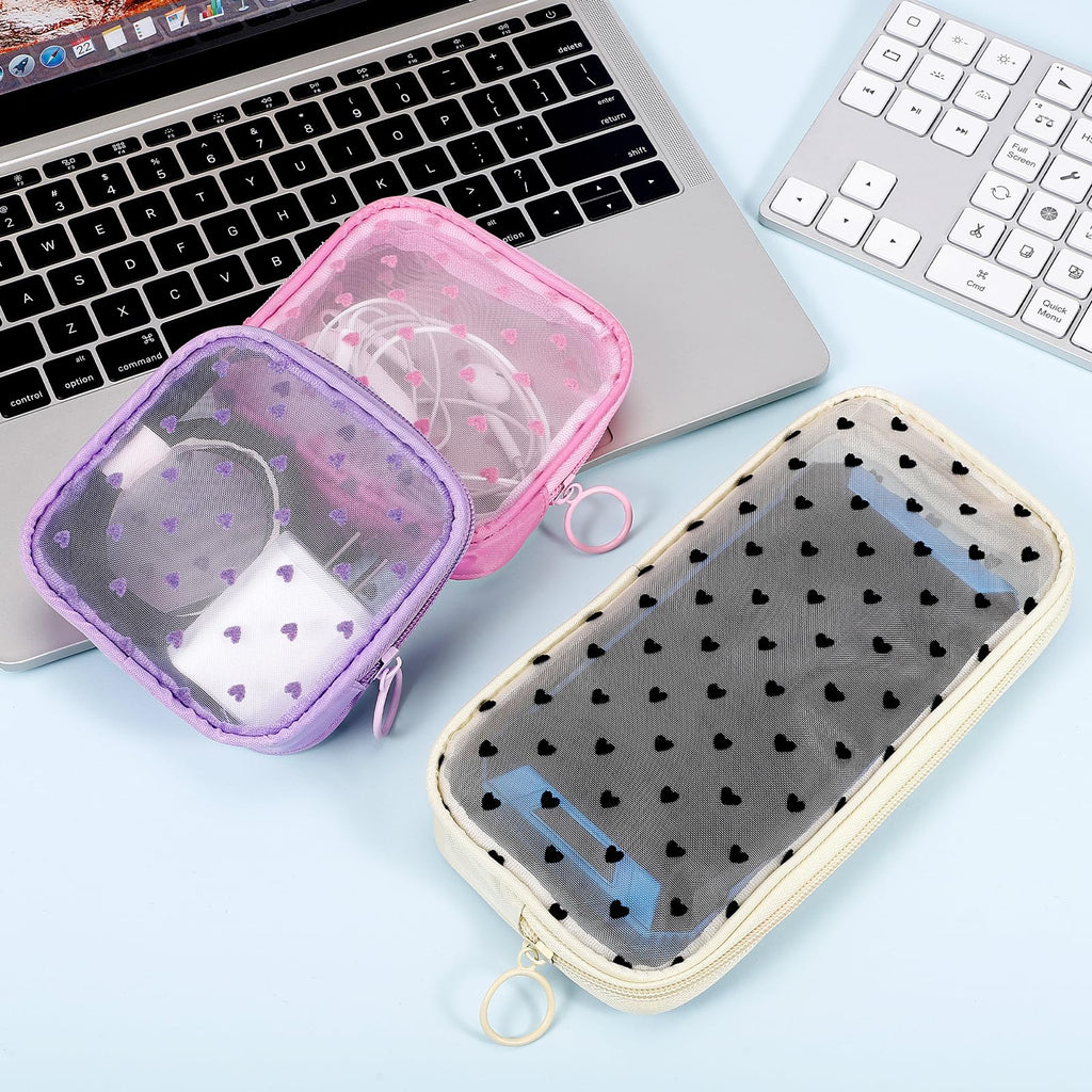 Sinzip 4-Piece Mini Zipper Nylon Mesh Pouches | Heart Print Pink | Travel & Office Organizer Bags