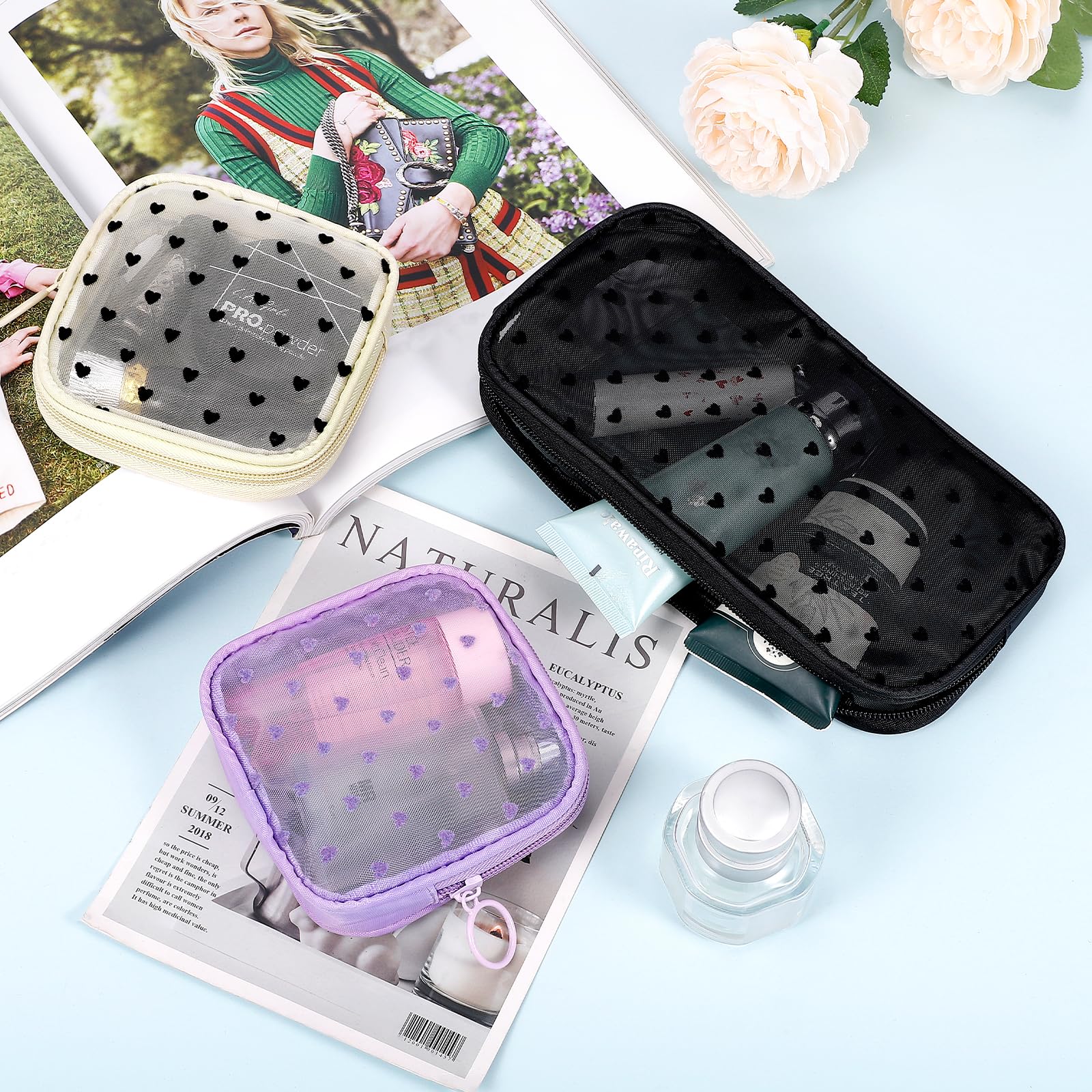 Sinzip 4-Piece Mini Zipper Nylon Mesh Pouches | Heart Print Pink | Travel & Office Organizer Bags