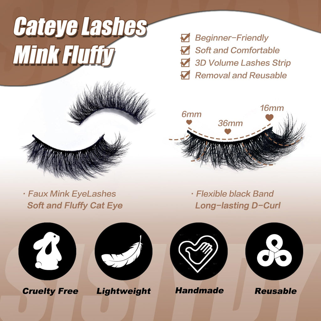 SISIYDY Mink Lashes Wispy Short Cat Eye – 14 Pairs, 16mm D Curl, 3D Faux Mink