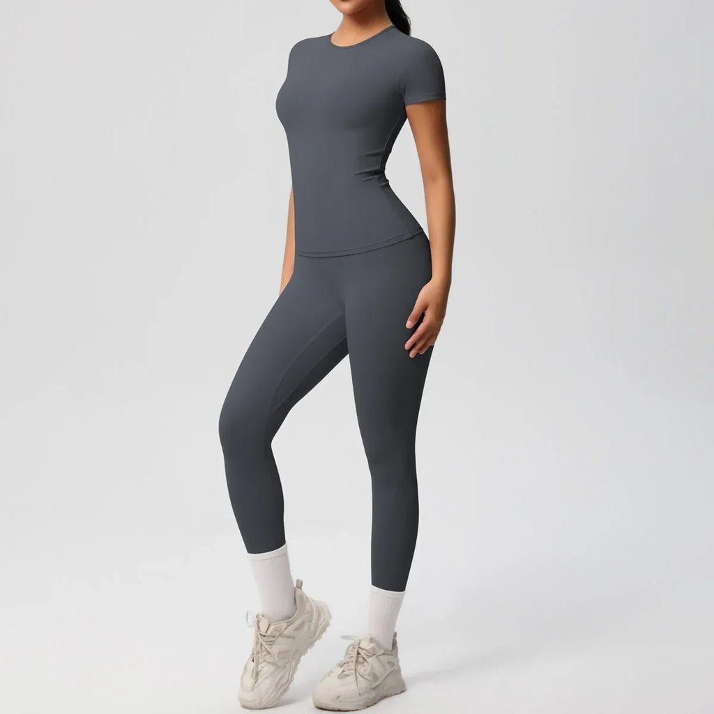 Skin-friendly Sports Set - European and American Style, Solid Color T-shirt, Stretchable Yoga Pants, High Waist Workout Suit for Women