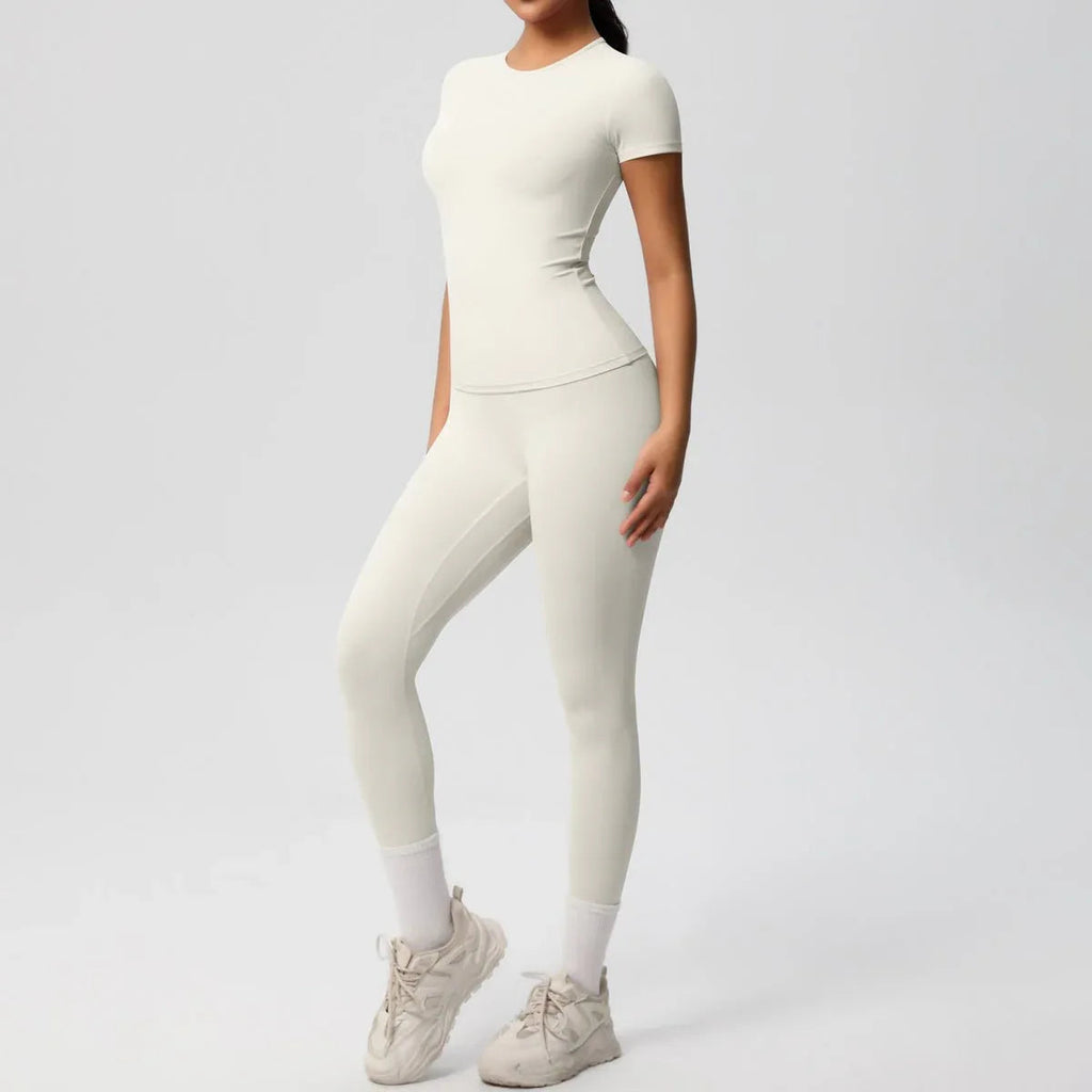 Skin-friendly Sports Set - European and American Style, Solid Color T-shirt, Stretchable Yoga Pants, High Waist Workout Suit for Women