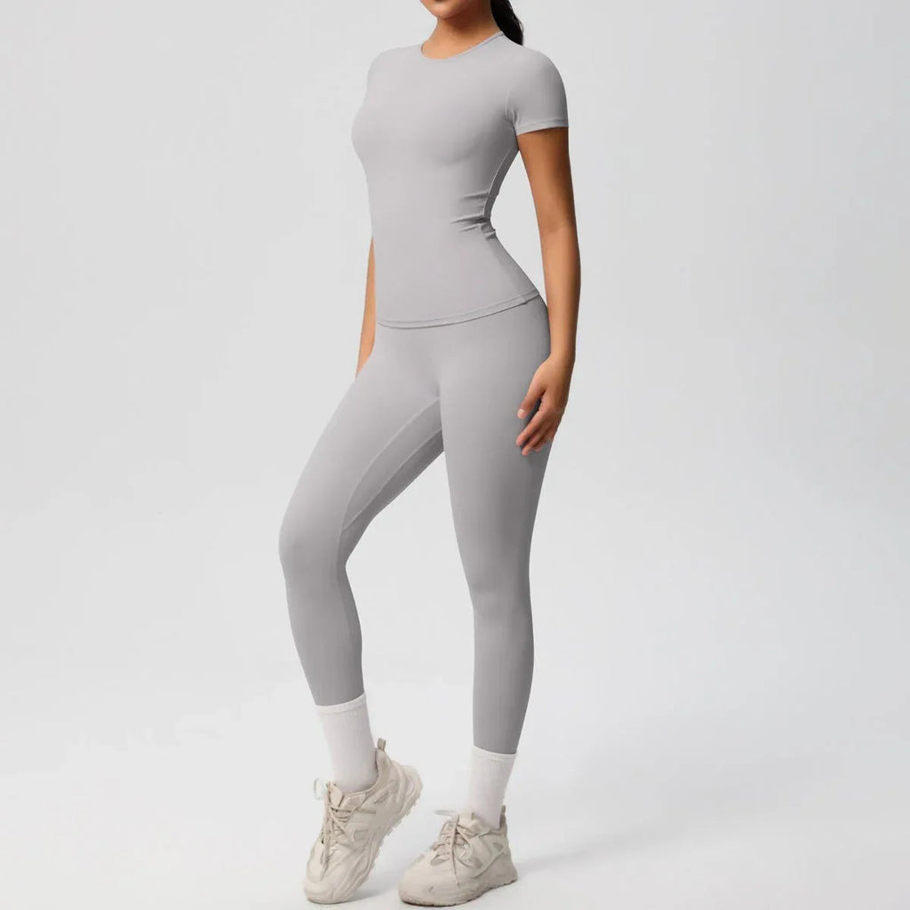 Skin-friendly Sports Set - European and American Style, Solid Color T-shirt, Stretchable Yoga Pants, High Waist Workout Suit for Women