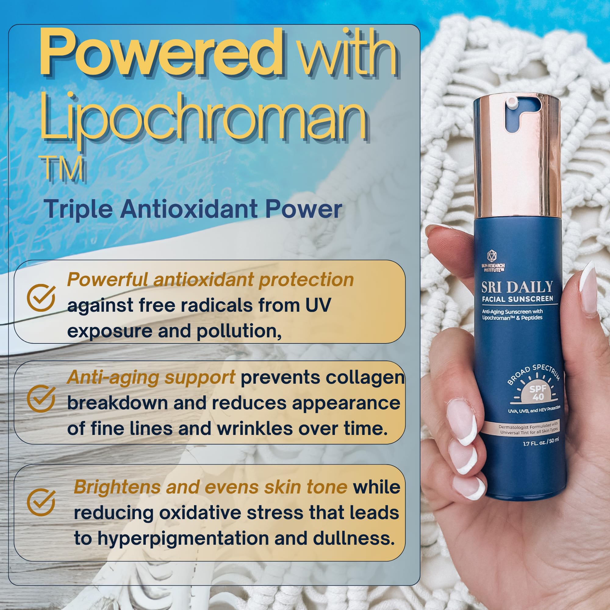 SRILabs Daily Facial Sunscreen SPF 40 — Universal Tint, Weightless Finish, Lipochroman & Peptides