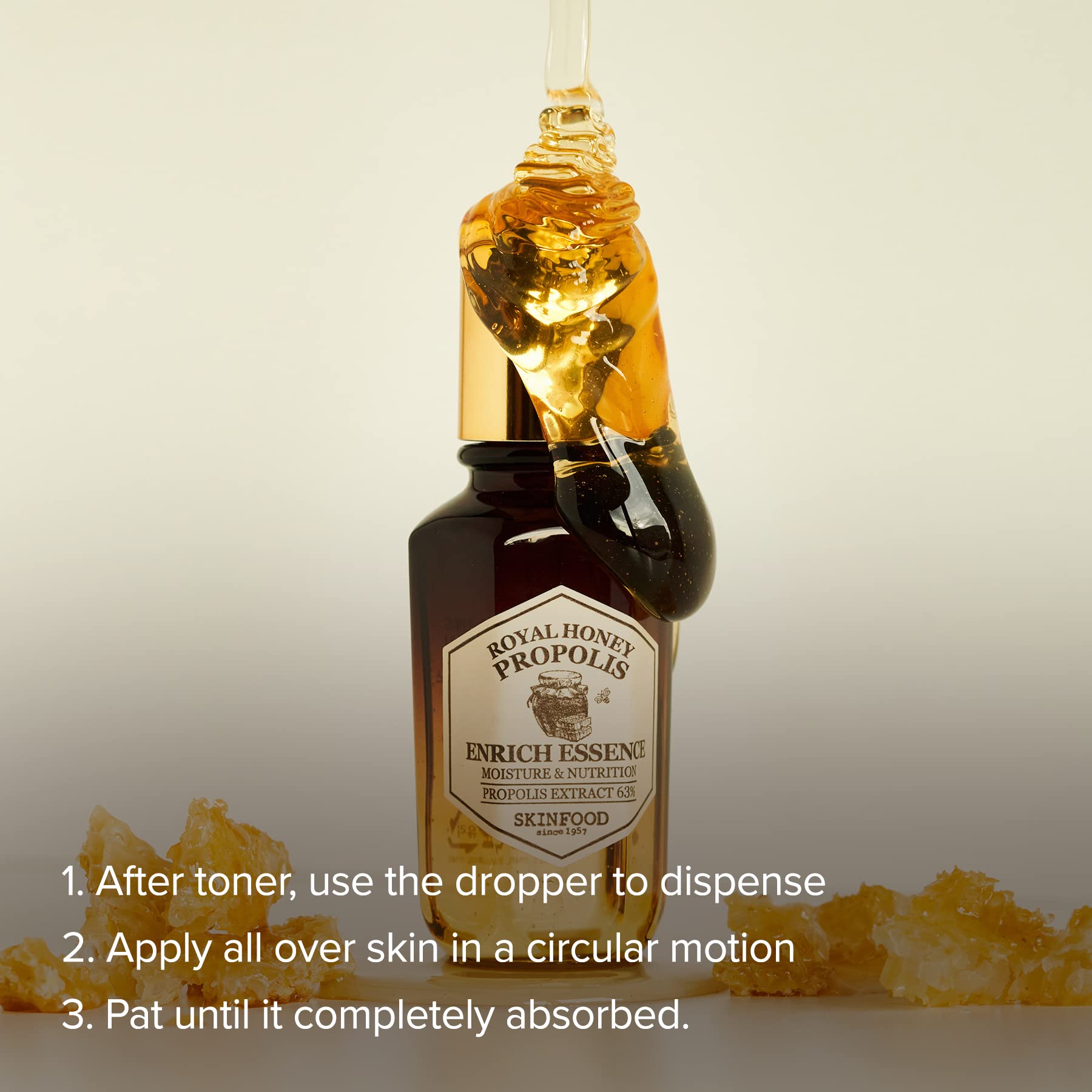 SKINFOOD 1957 Royal Honey Propolis Enrich Essence – 63% Black Bee Propolis & 10% Royal Jelly Extract Serum | 50ml