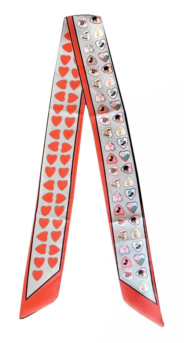 Womens 90cm Long Reversible Skinny Scarf Faux Silk Head Scarves Bag Charm Bow[Coral Pink Hearts]