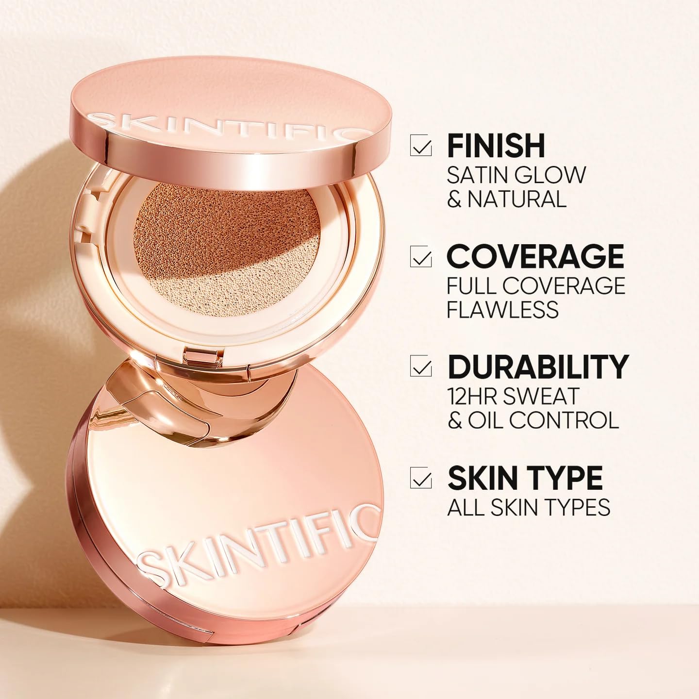 Skintific Full Coverage Cushion Foundation #22N Shell Beige | Satin Glow, Oil-Control & Waterproof