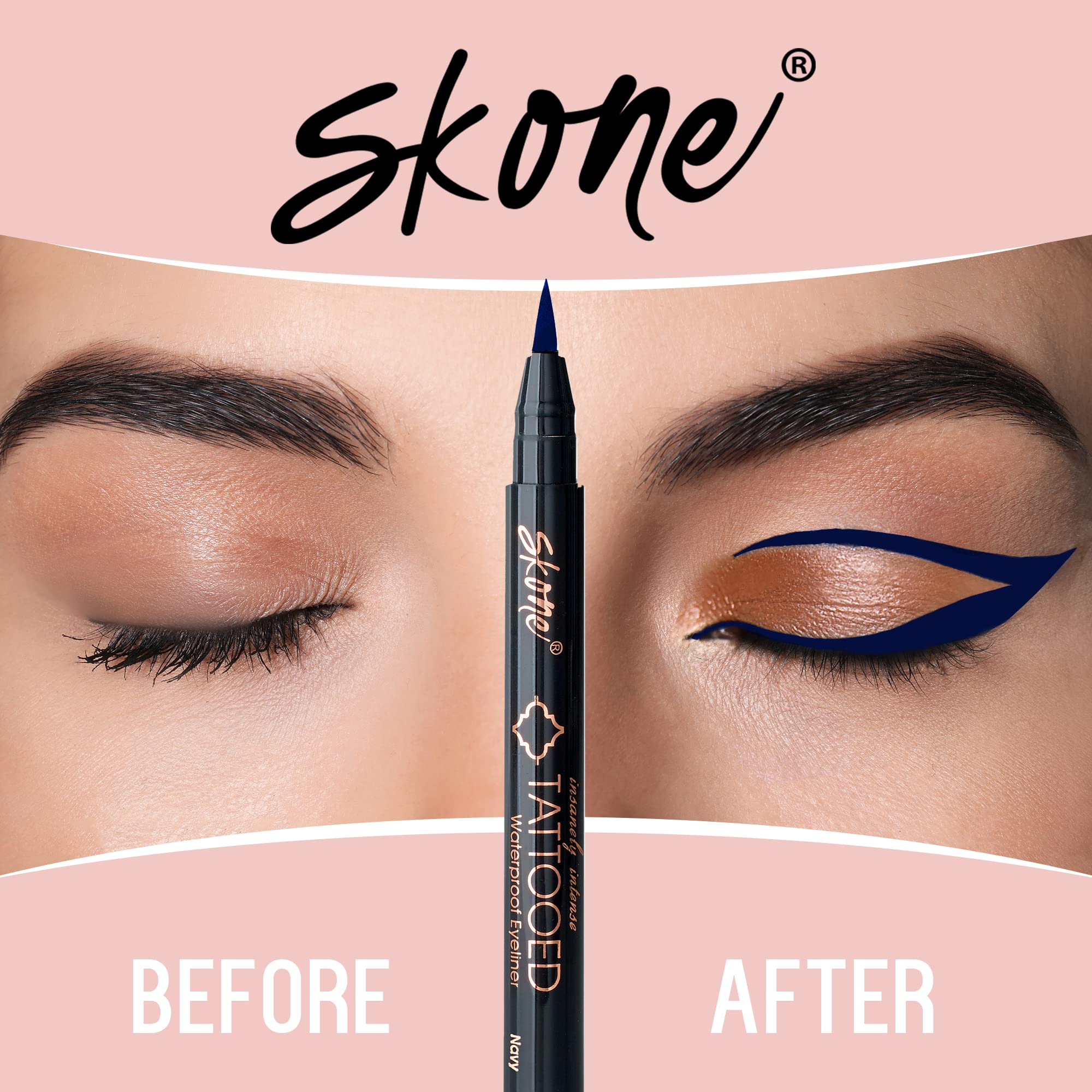 Skone Insanely Intense Tattooed Eyeliner Pen – Navy, Waterproof, Smudge-Proof, Quick-Dry Felt Tip (0.07oz)