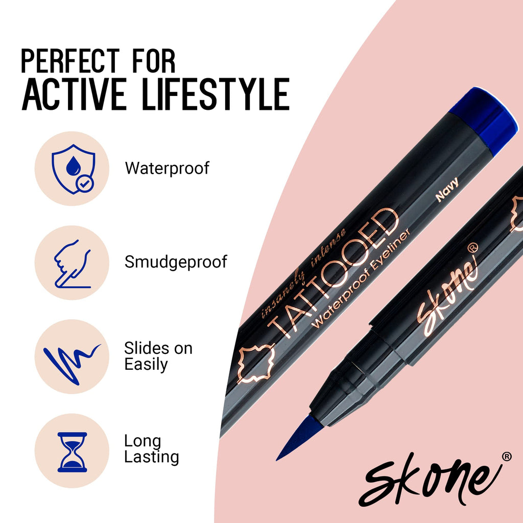 Skone Insanely Intense Tattooed Eyeliner Pen – Navy, Waterproof, Smudge-Proof, Quick-Dry Felt Tip (0.07oz)