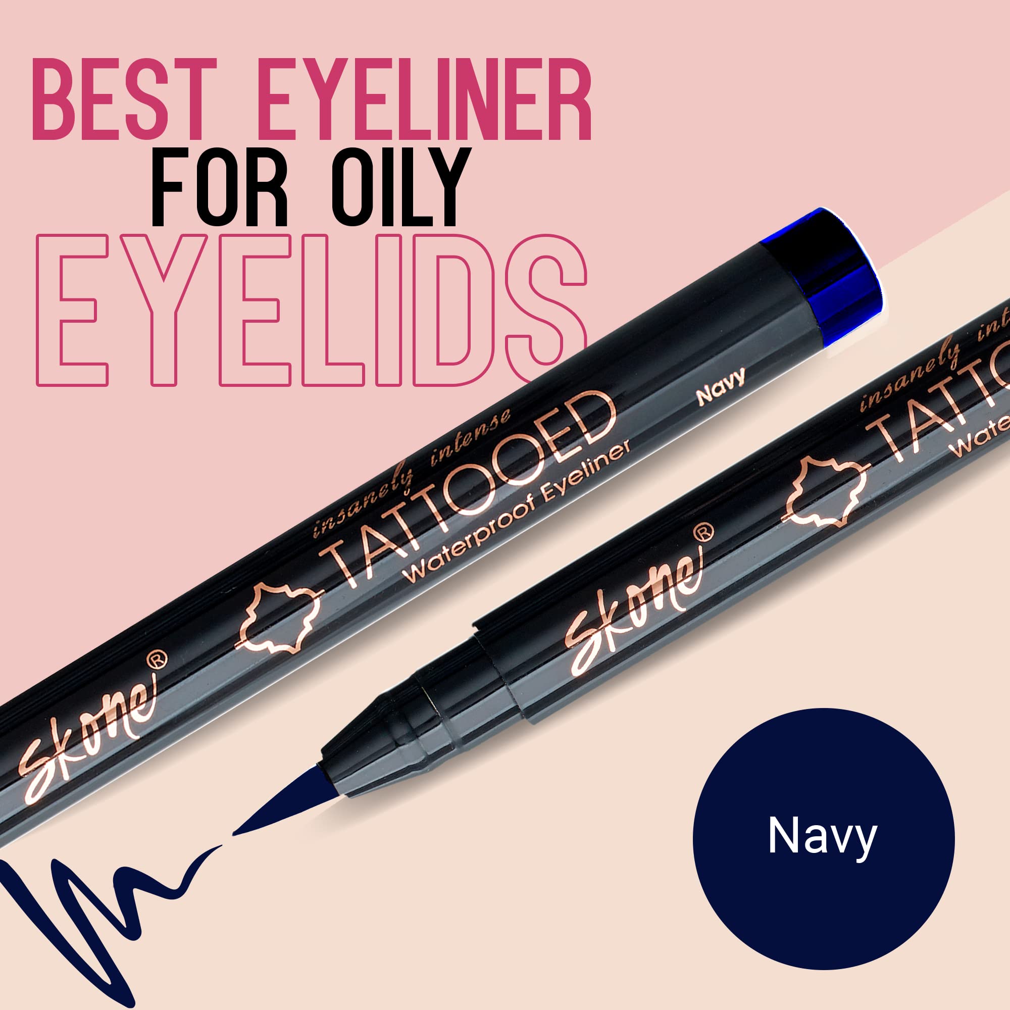 Skone Insanely Intense Tattooed Eyeliner Pen – Navy, Waterproof, Smudge-Proof, Quick-Dry Felt Tip (0.07oz)