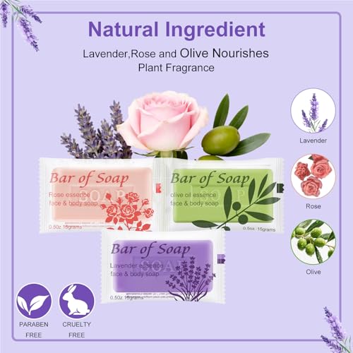 Skourvut Bulk Bar Soap 60-Pack – Travel Mini Bars (0.5 oz) Olive Oil, Rose & Lavender