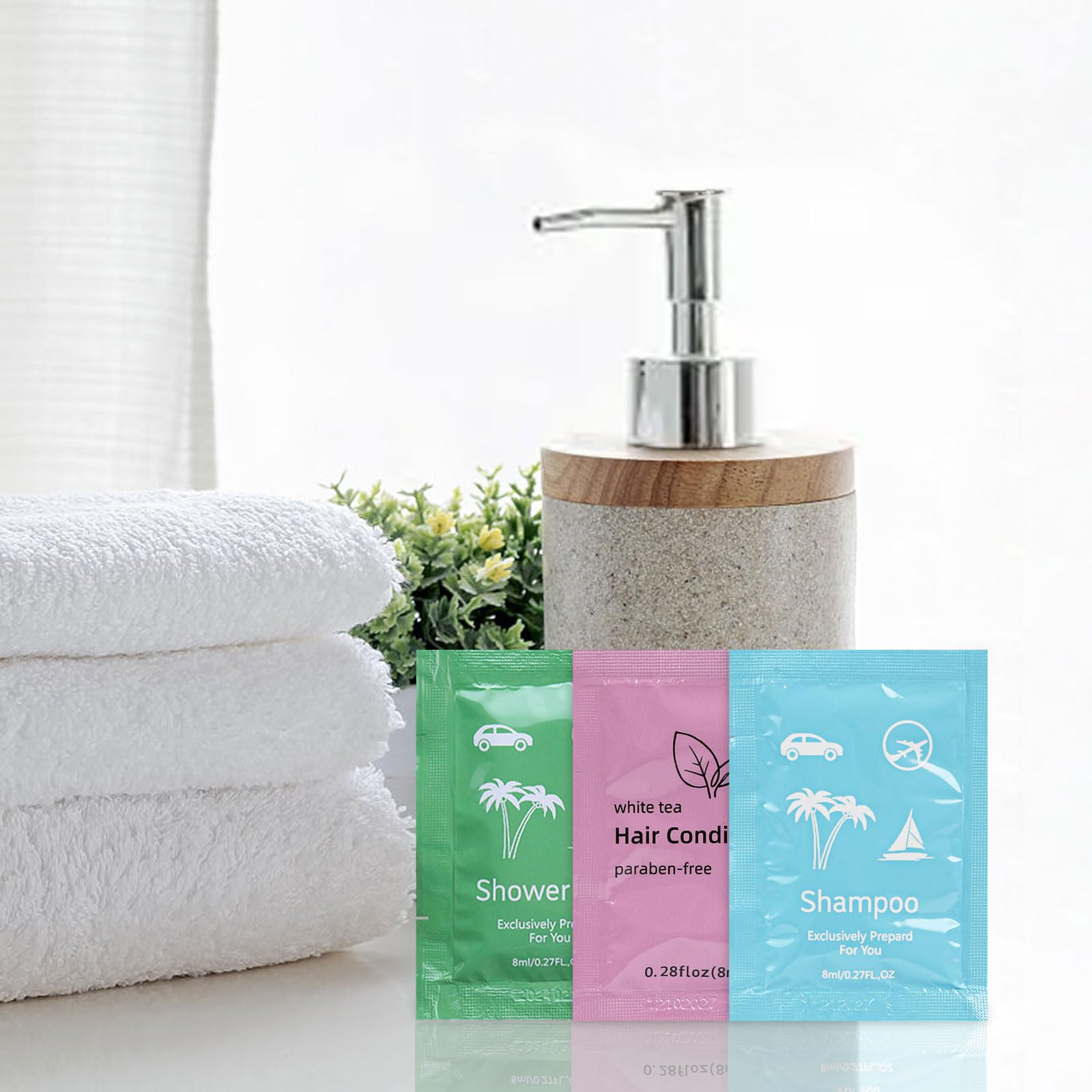 Skourvut Travel Size Body Wash, Shampoo & Conditioner Set – 0.28 fl oz Each (100 Bulk Hygiene Kits)