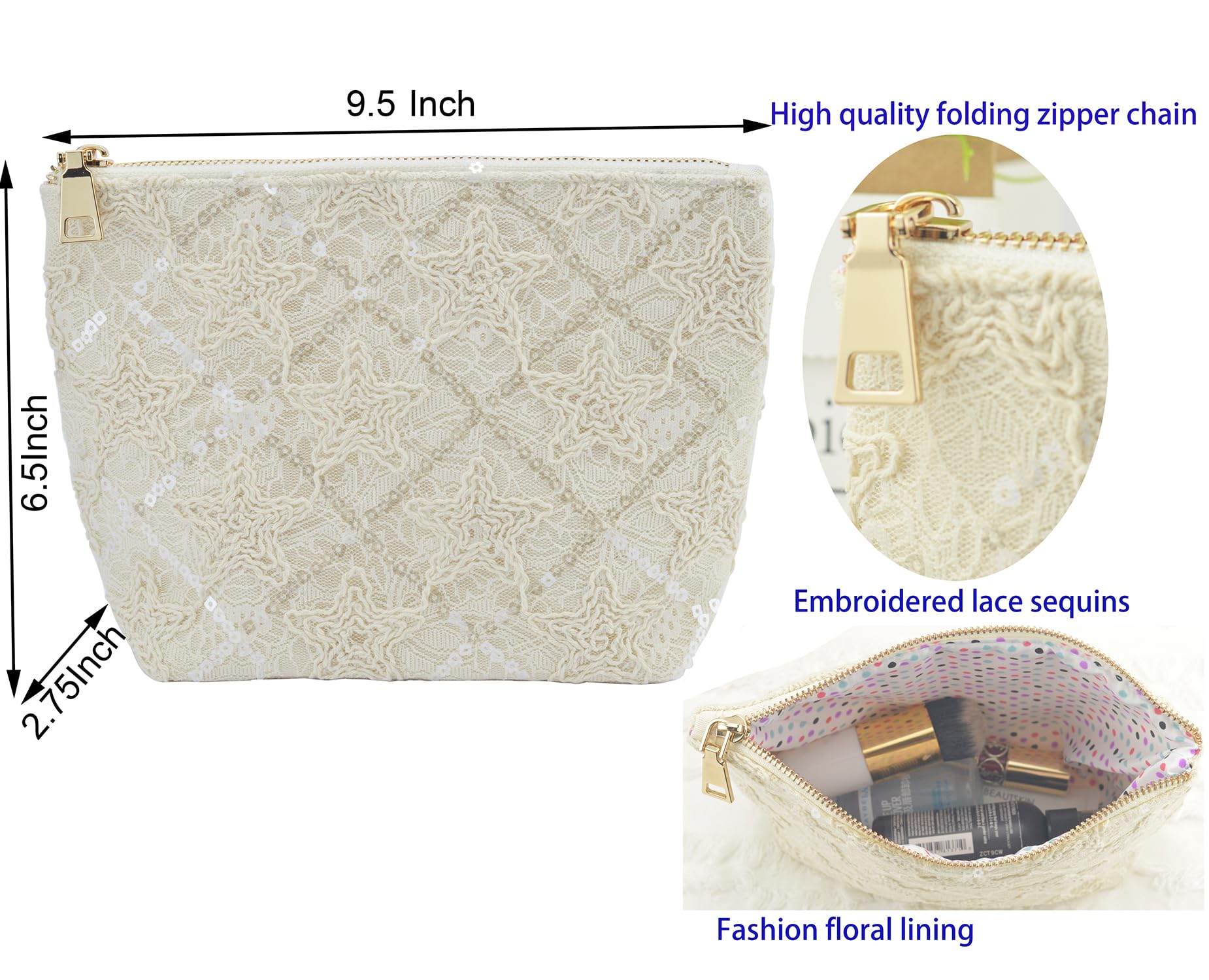 Sliimagetu Canvas Cosmetic Bag - Handmade Linen Makeup Pouch with Lace Embroidery | Large Capacity Boho Travel Organizer