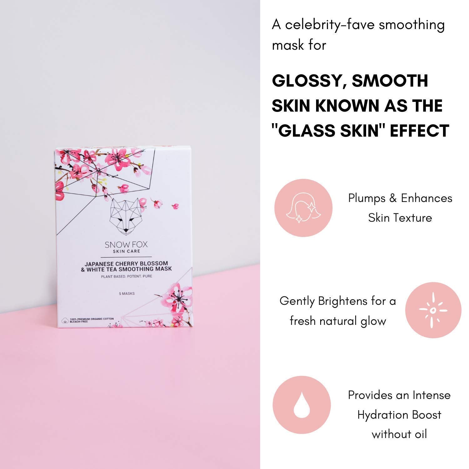 Snow Fox Japanese Cherry Blossom & White Tea Sheet Mask – Hydration for Glass Skin & Bridal Makeup Prep (5 Pack)