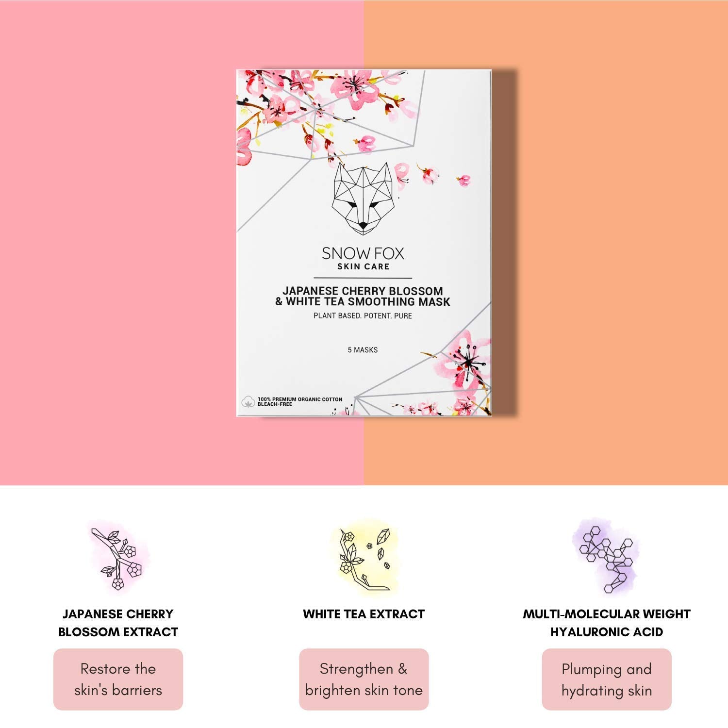 Snow Fox Japanese Cherry Blossom & White Tea Sheet Mask – Hydration for Glass Skin & Bridal Makeup Prep (5 Pack)