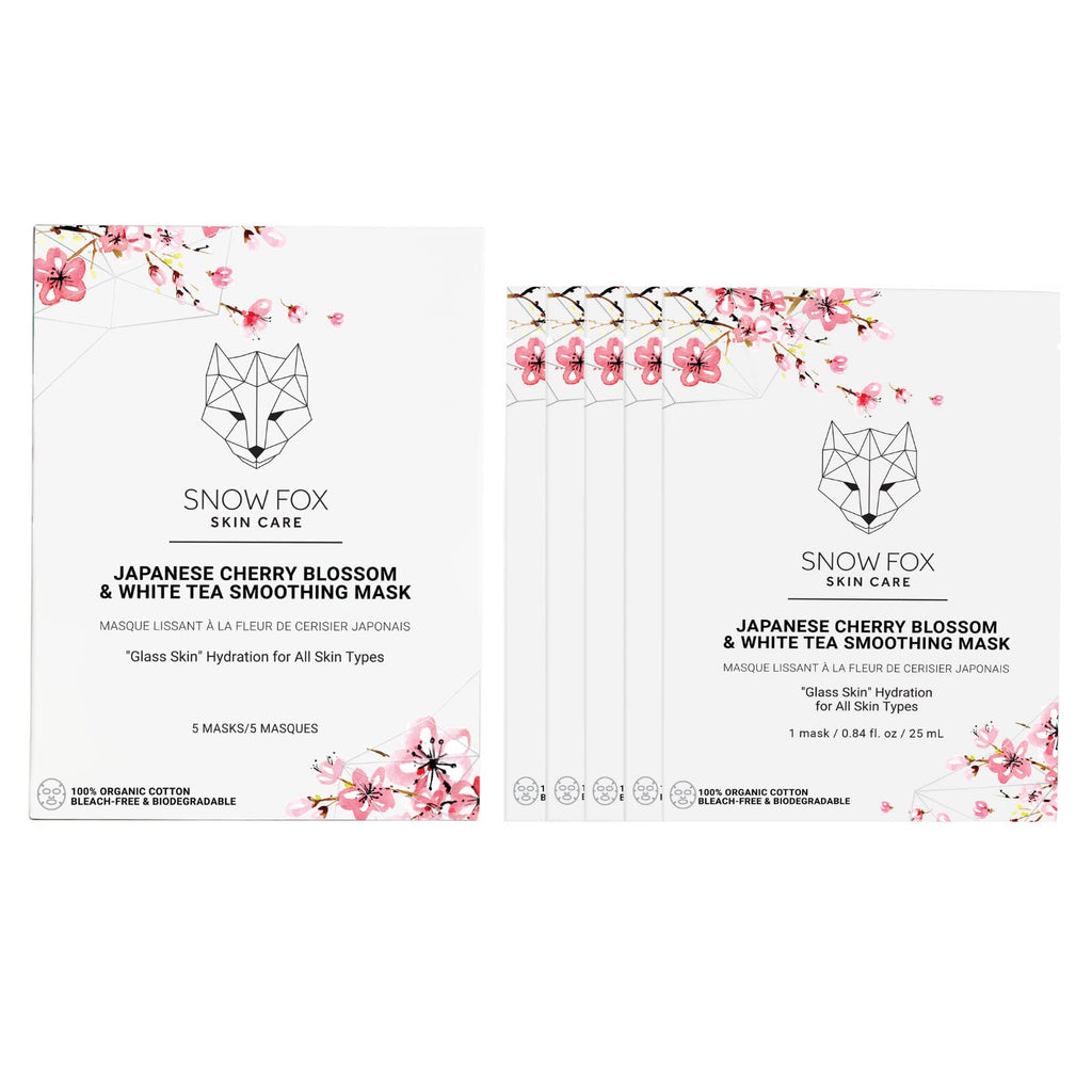 Snow Fox Japanese Cherry Blossom & White Tea Sheet Mask – Hydration for Glass Skin & Bridal Makeup Prep (5 Pack)