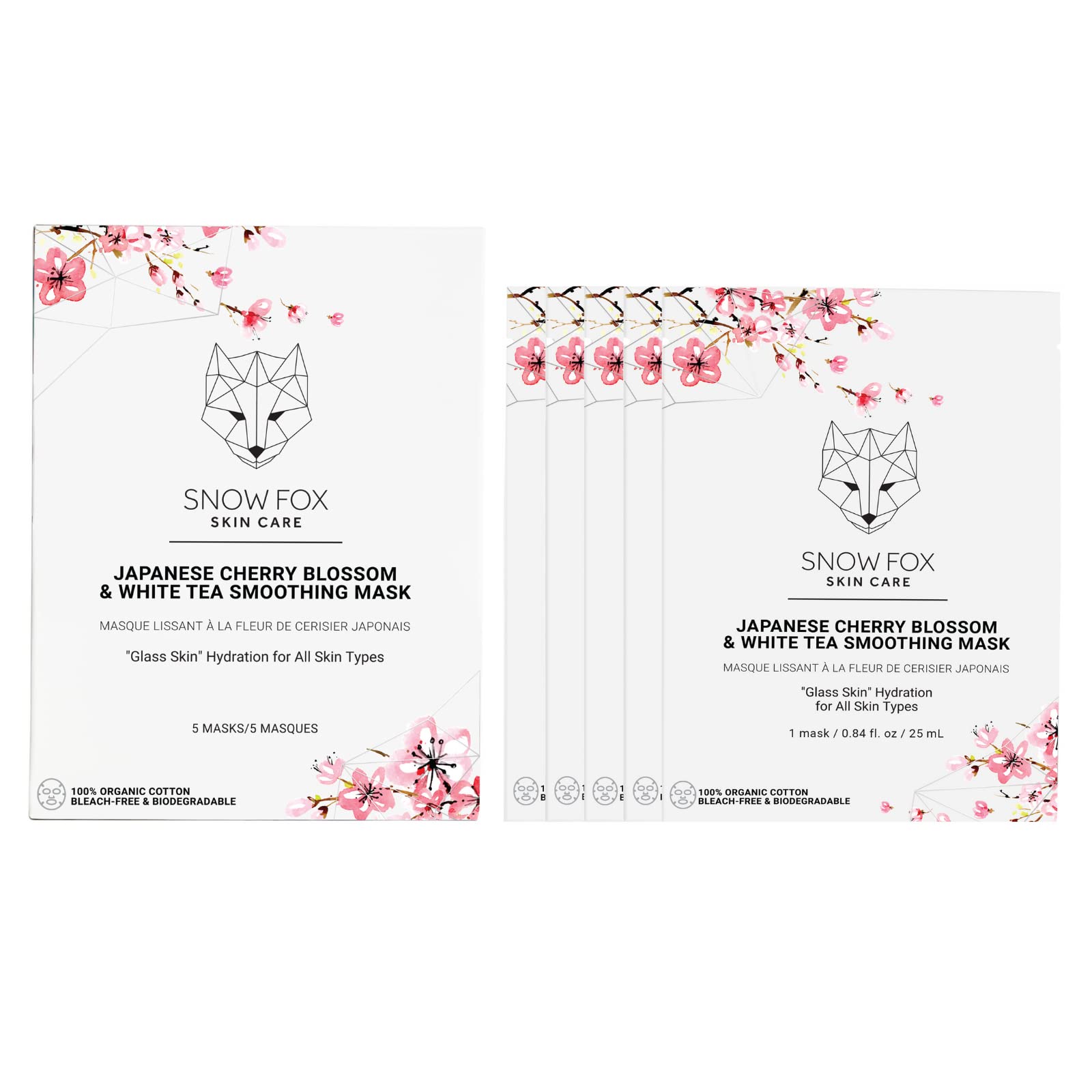 Snow Fox Japanese Cherry Blossom & White Tea Sheet Mask – Hydration for Glass Skin & Bridal Makeup Prep (5 Pack)