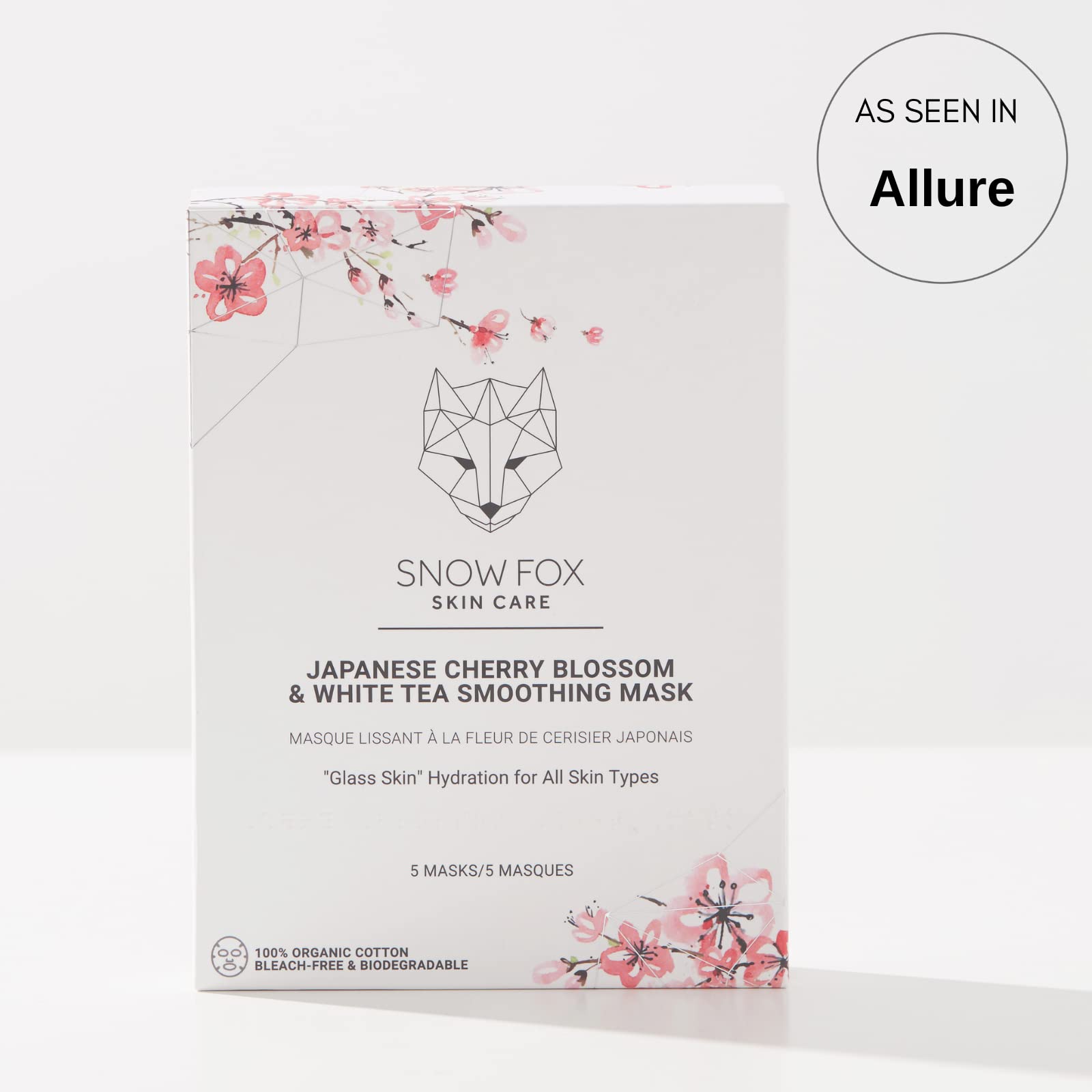 Snow Fox Japanese Cherry Blossom & White Tea Sheet Mask – Hydration for Glass Skin & Bridal Makeup Prep (5 Pack)