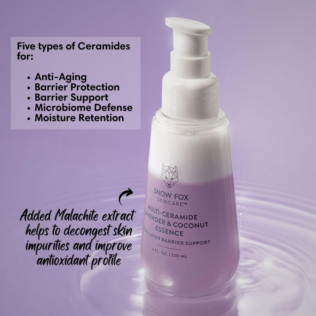 Snow Fox Skincare - Multi-Ceramide French Lavender & Coconut Essence Serum | Hydration for Dry, Mature, Sensitive Skin