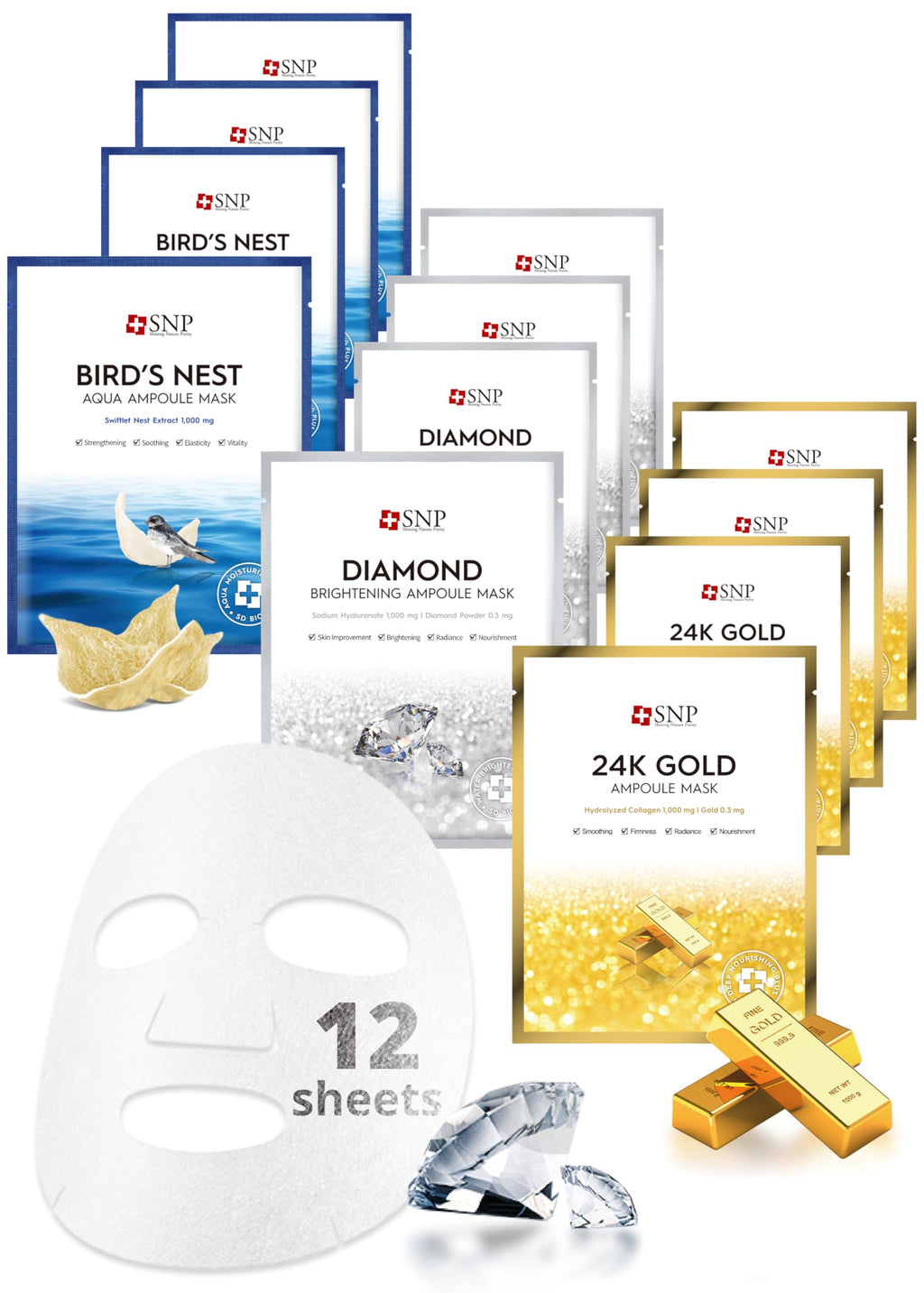 SNP Variety Ampoule Sheet Mask Set - Bird's Nest, 24K Gold & Diamond Masks - Hydrating Korean Skincare (12 Sheets)