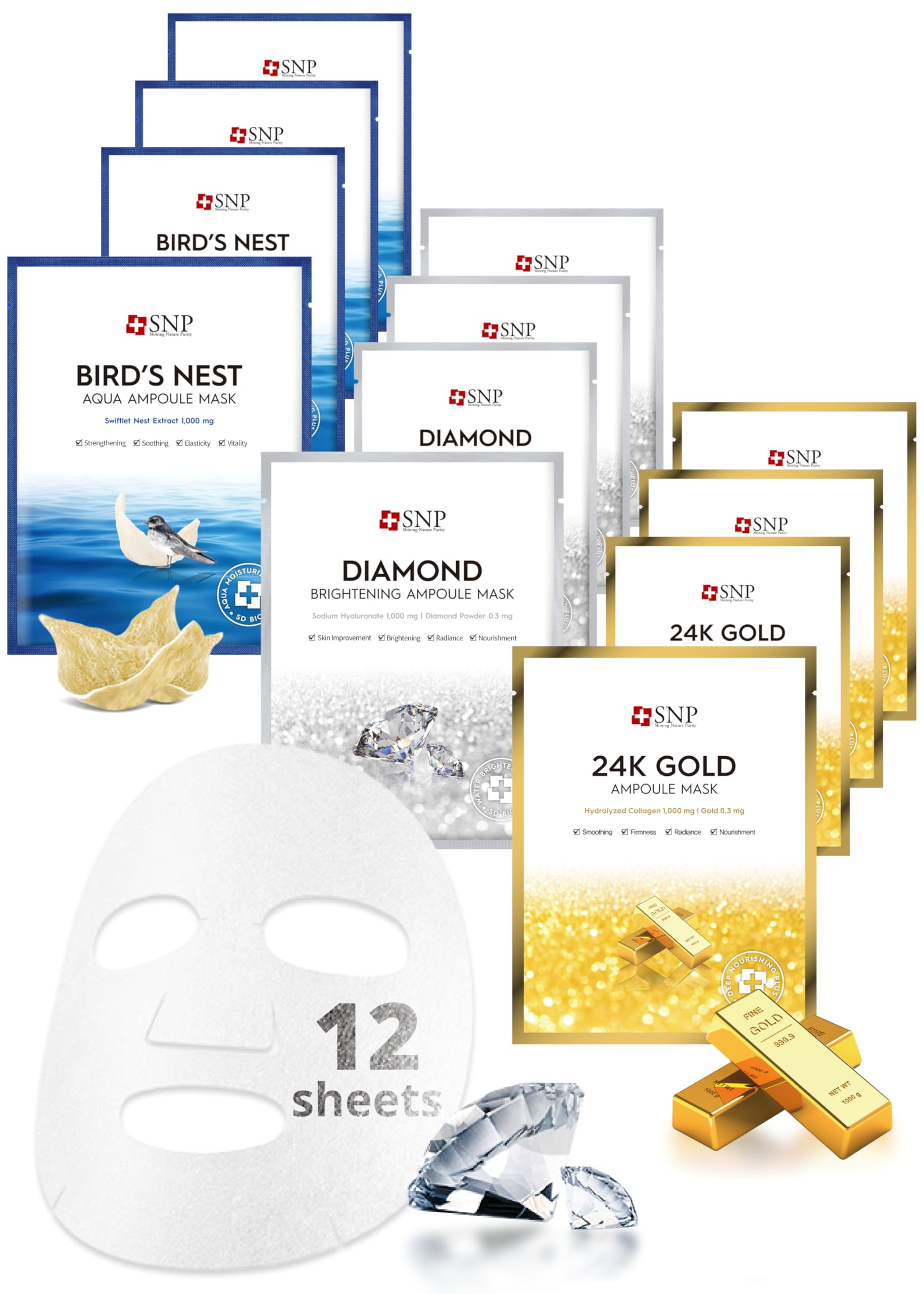 SNP Variety Ampoule Sheet Mask Set - Bird's Nest, 24K Gold & Diamond Masks - Hydrating Korean Skincare (12 Sheets)