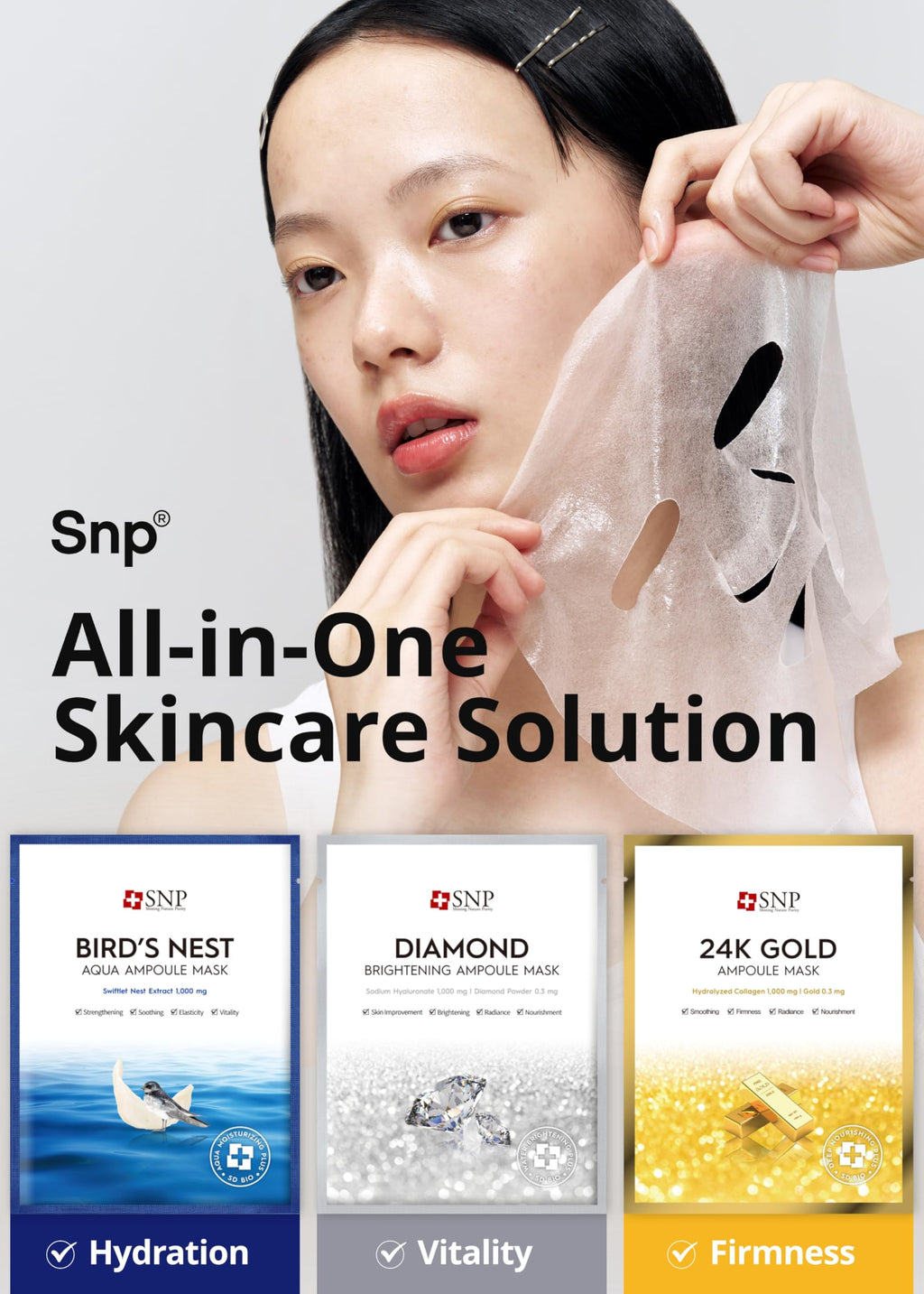 SNP Variety Ampoule Sheet Mask Set - Bird's Nest, 24K Gold & Diamond Masks - Hydrating Korean Skincare (12 Sheets)