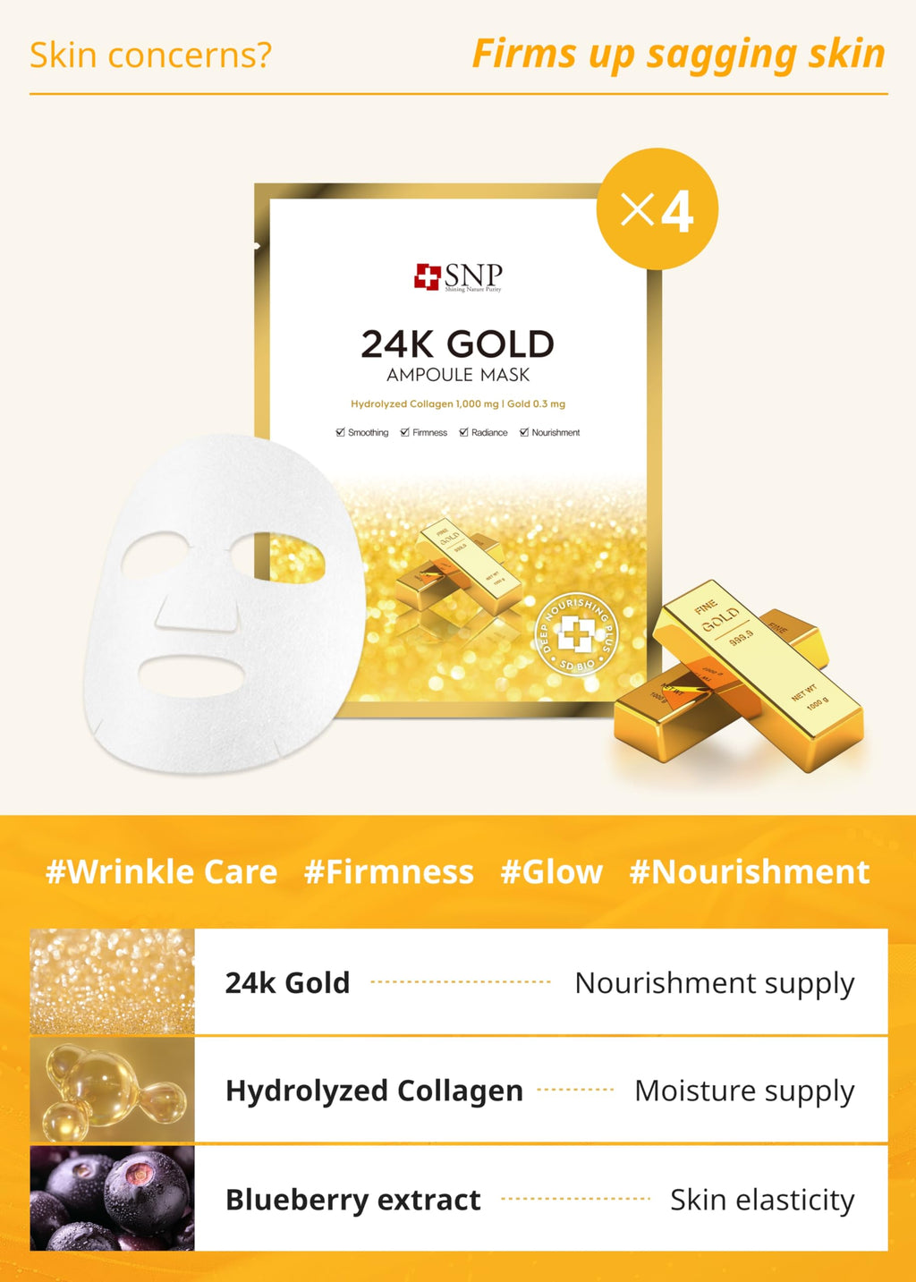 SNP Variety Ampoule Sheet Mask Set - Bird's Nest, 24K Gold & Diamond Masks - Hydrating Korean Skincare (12 Sheets)