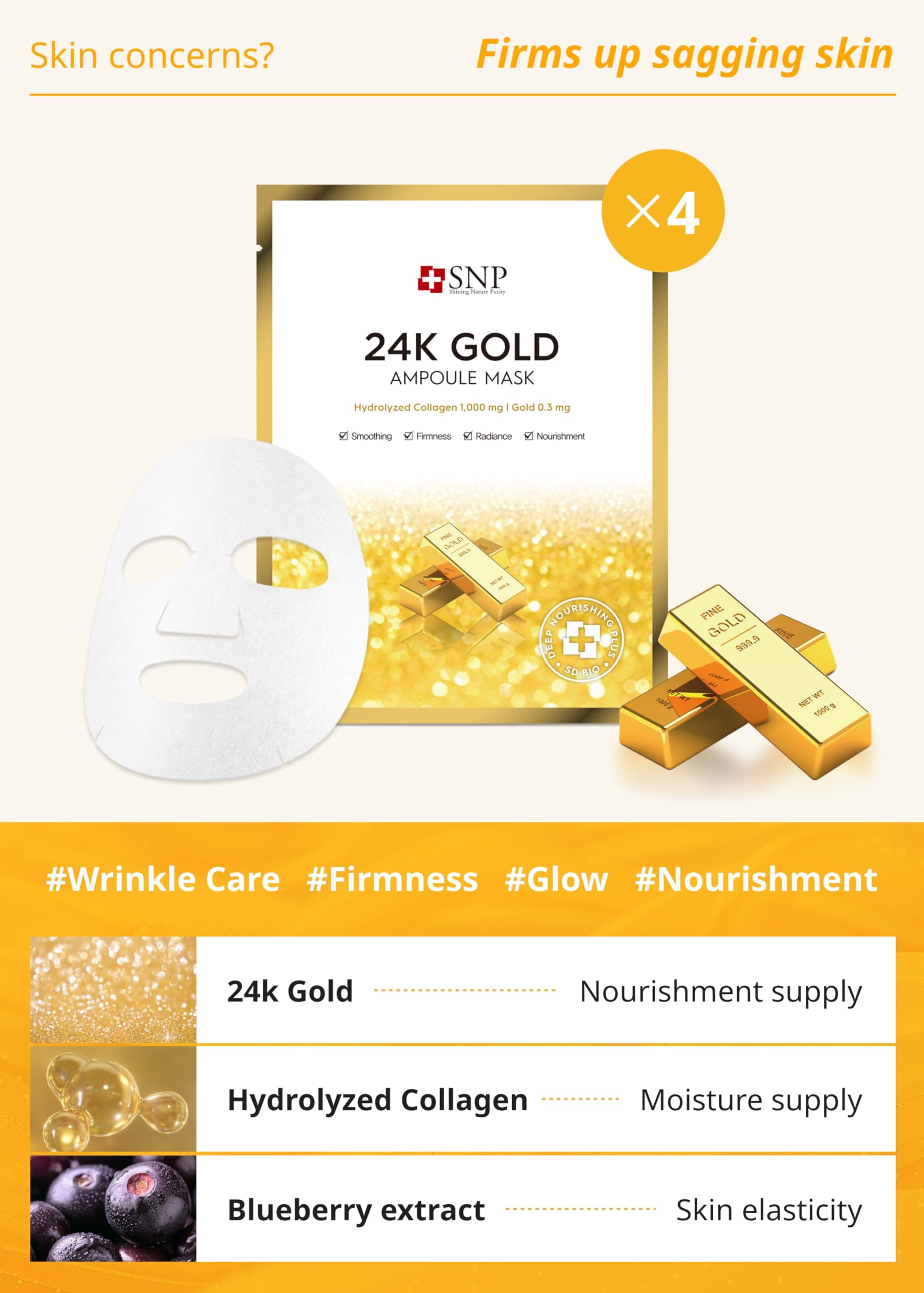 SNP Variety Ampoule Sheet Mask Set - Bird's Nest, 24K Gold & Diamond Masks - Hydrating Korean Skincare (12 Sheets)