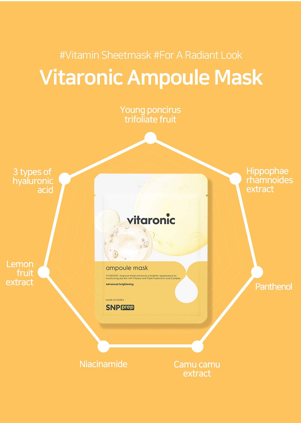 SNP Vitaronic Ampoule Sheet Mask | Nourishing, Moisturizing & Refreshing Facial Mask for All Skin Types | Vitamin B5 C E D | 10 Sheets
