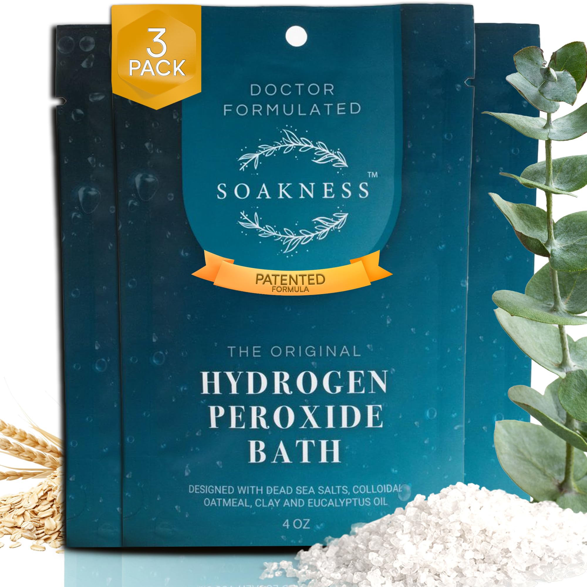 Soakness Hydrogen Peroxide Epsom Salt Bath Soak – USA-Made, Patented Bath Salts for Muscle Recovery & Skin Detox (3-Pack)