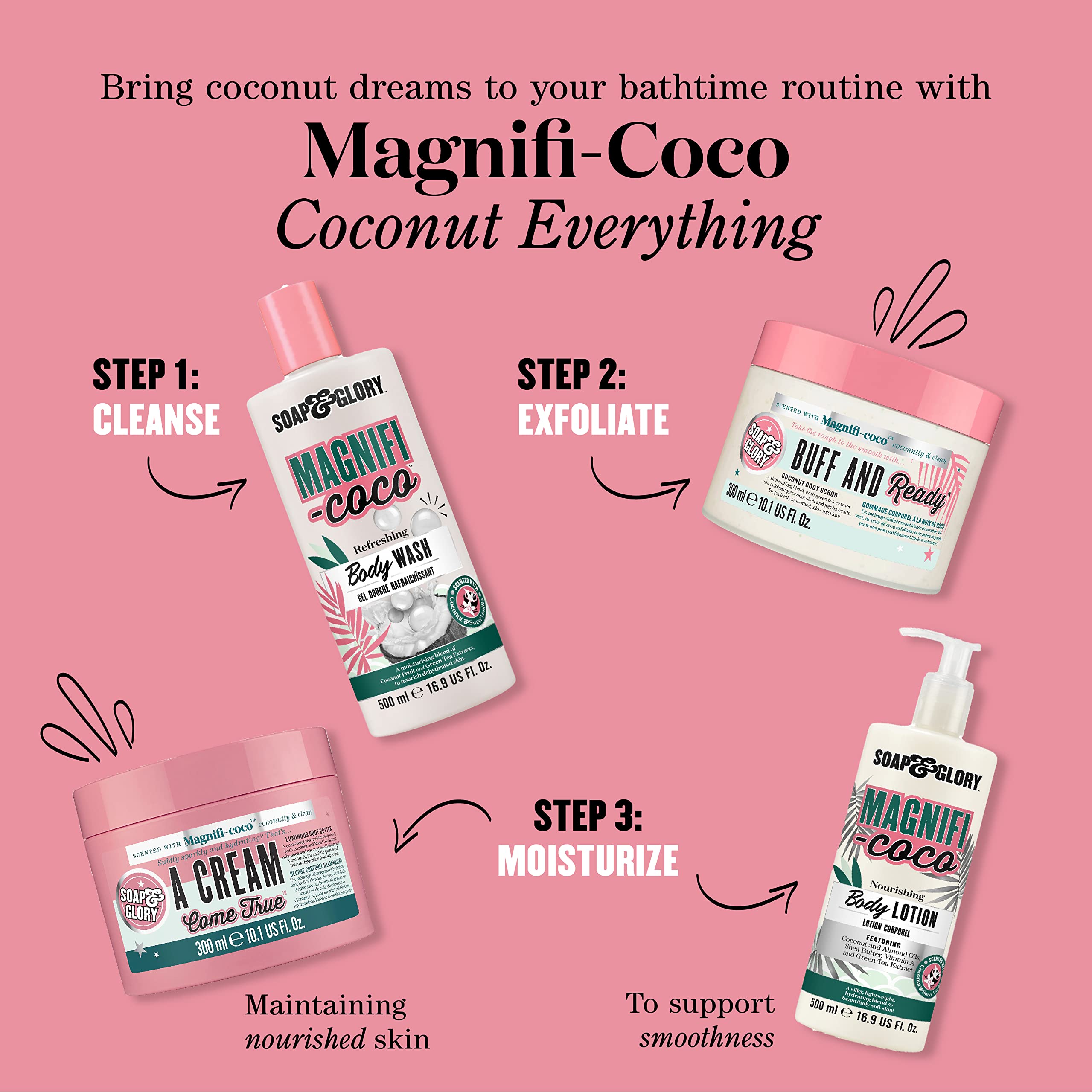 Soap & Glory Magnifi-Coco Body Lotion – Coconut Moisturizer with Shea Butter & Rose Canina Oils (500ml, Pack of 2)