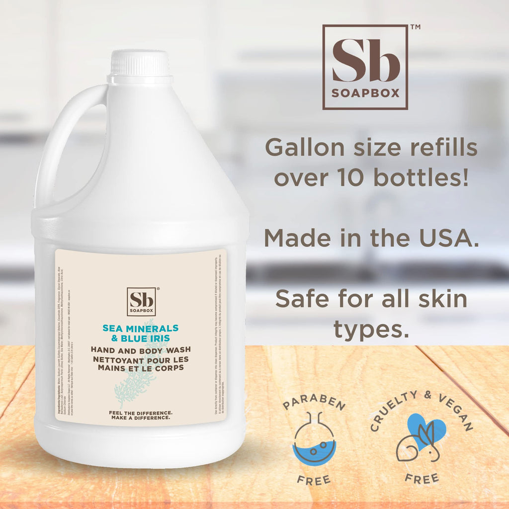 Soapbox Liquid Hand Soap & Body Wash – Sea Minerals & Blue Iris, 1 Gallon Refill – Vegan, Cruelty-Free