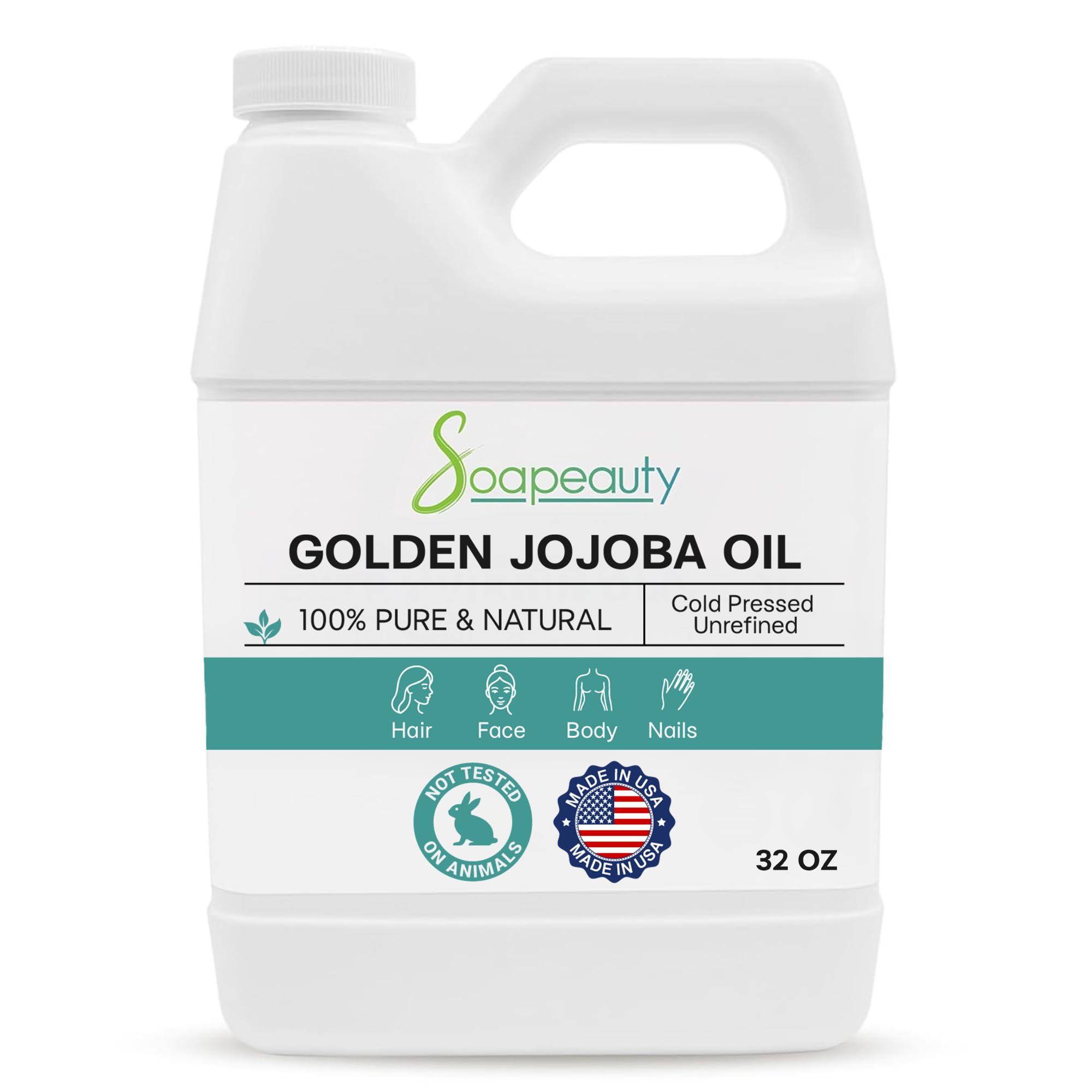 Soapeauty Golden Jojoba Oil - 32 oz | 100% Pure & Natural, Unrefined Cold-Pressed, Hexane-Free Moisturizing Oil for Skin, Hair & Nails