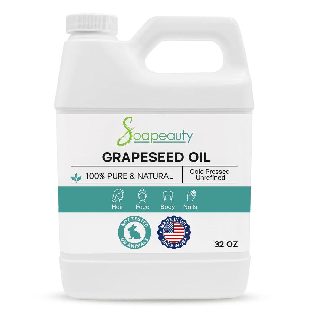 Soapeauty Grapeseed Oil - Cold Pressed, Unrefined, 32 oz Bulk | Carrier for Essential Oils