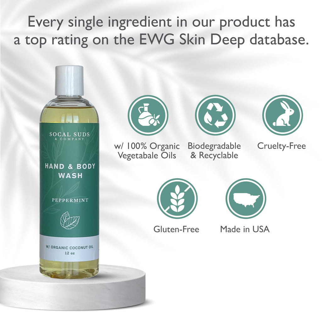 SoCal Suds & Company Organic Body Wash – Gentle Peppermint Shower Gel for Men & Women, 12oz