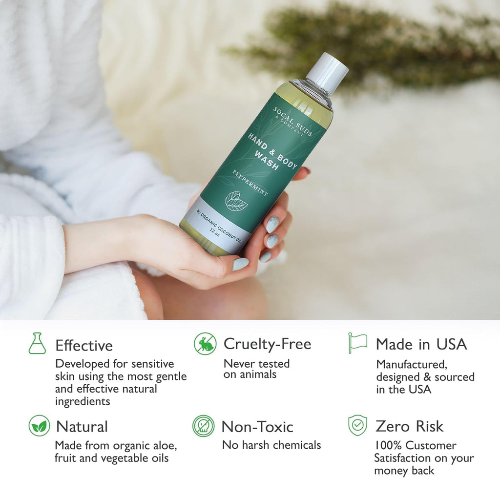SoCal Suds & Company Organic Body Wash – Gentle Peppermint Shower Gel for Men & Women, 12oz