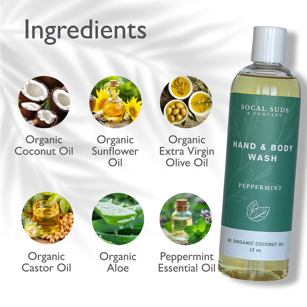 SoCal Suds & Company Organic Body Wash – Gentle Peppermint Shower Gel for Men & Women, 12oz