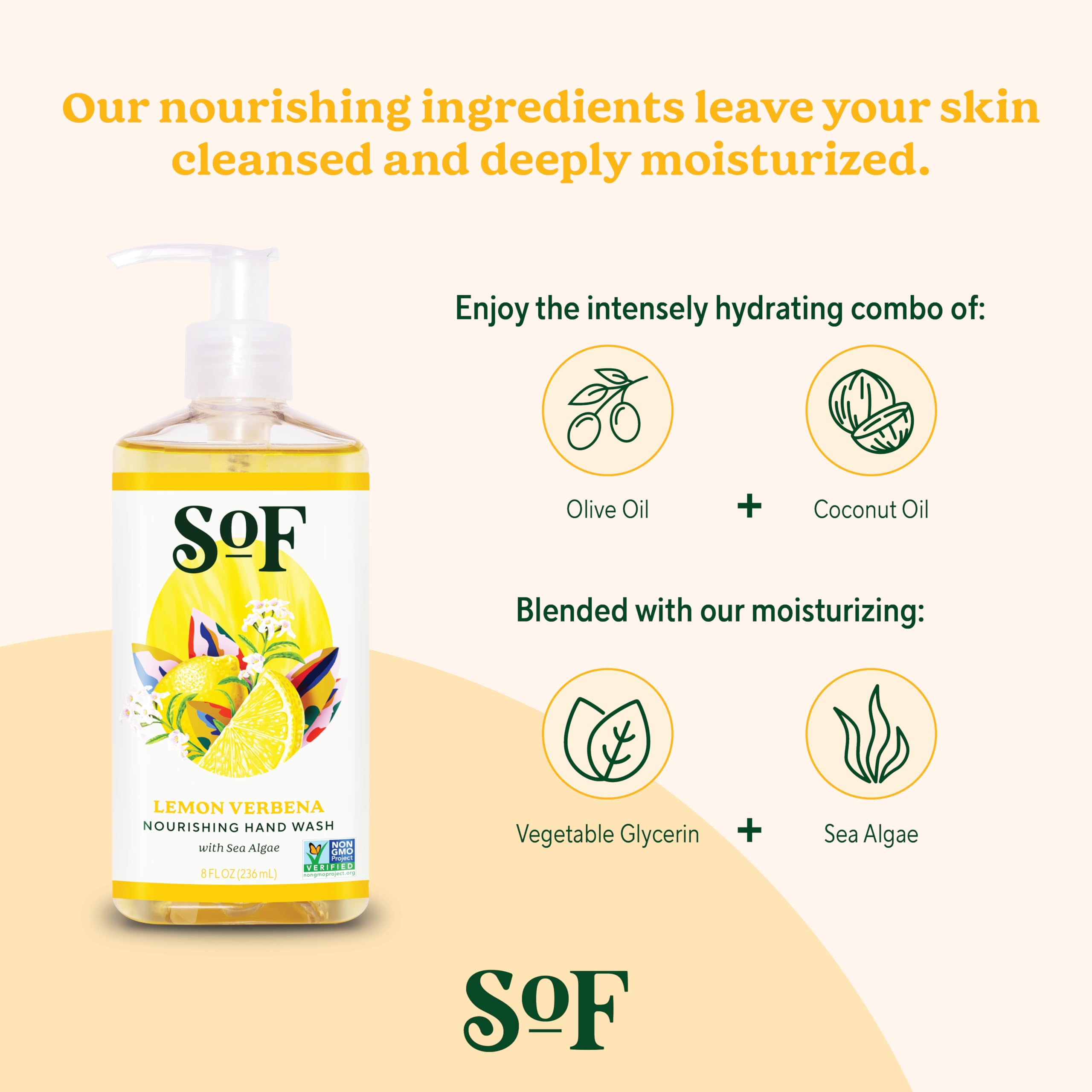 SoF Nourishing Hand Wash Lemon Verbena 8 oz Bottle (3 Pack) | Vegan & Non-GMO | South Of France