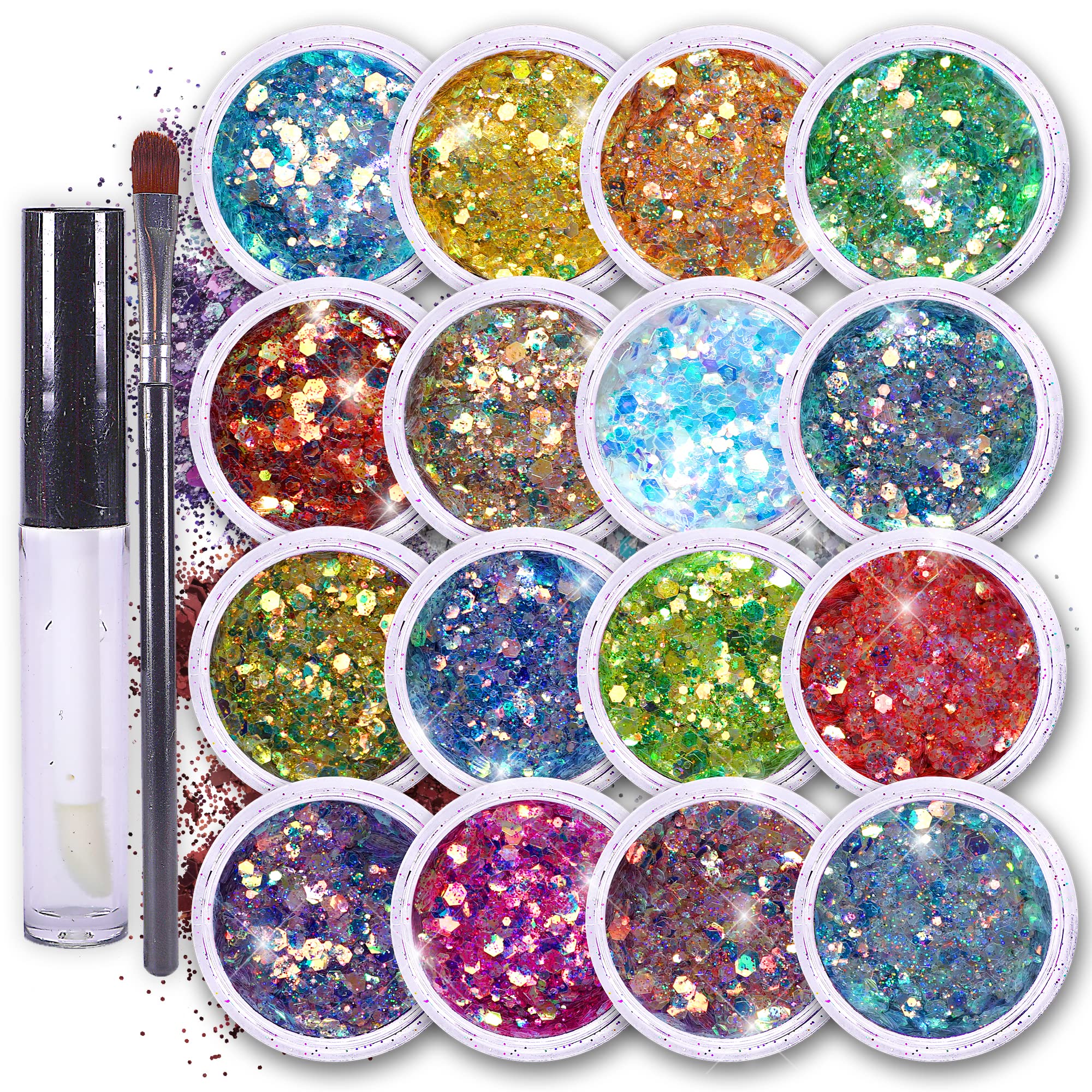 SoJourner Bags Fairy Tears Chunky Holographic Glitter – 16 Color Set + Glitter Glue