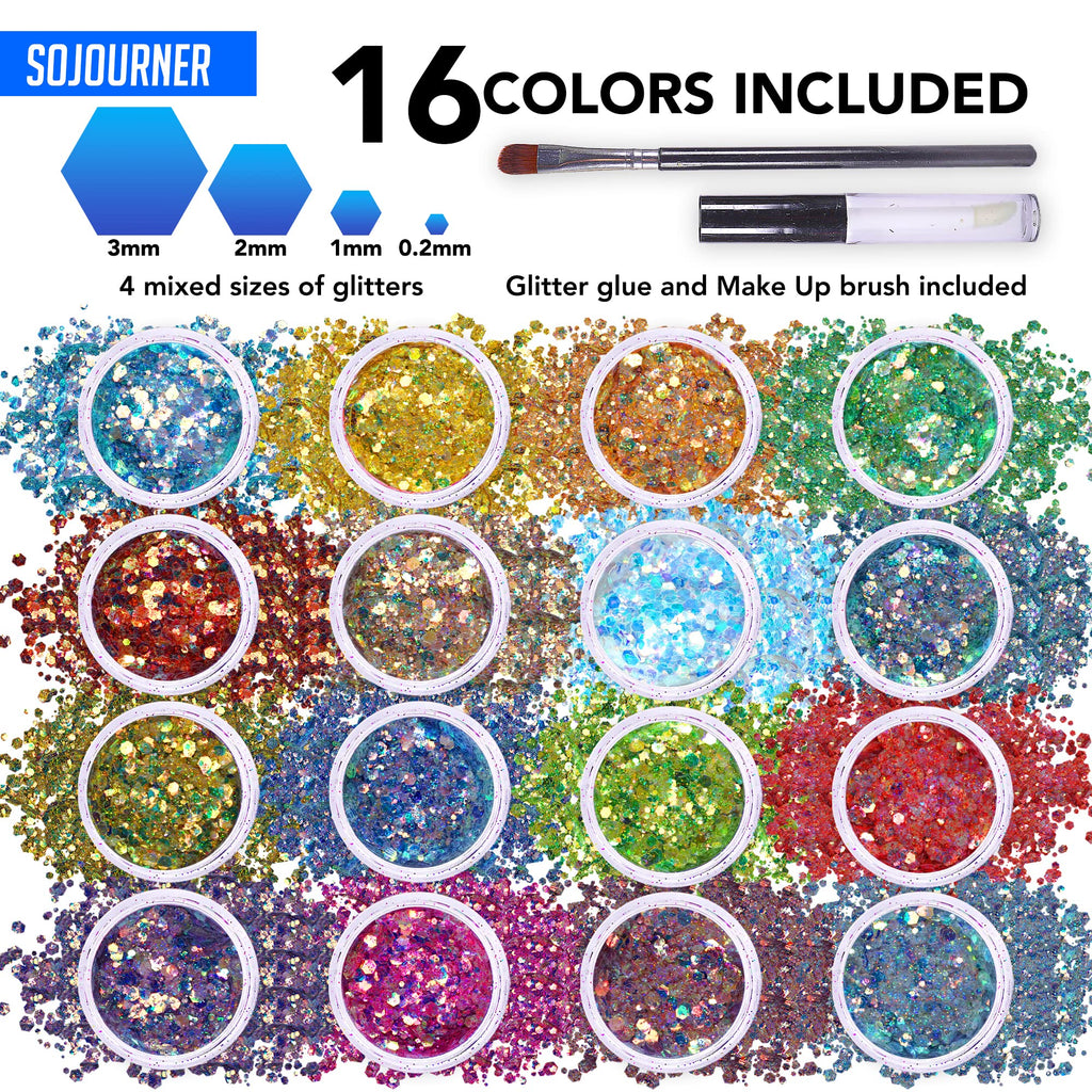 SoJourner Bags Fairy Tears Chunky Holographic Glitter – 16 Color Set + Glitter Glue