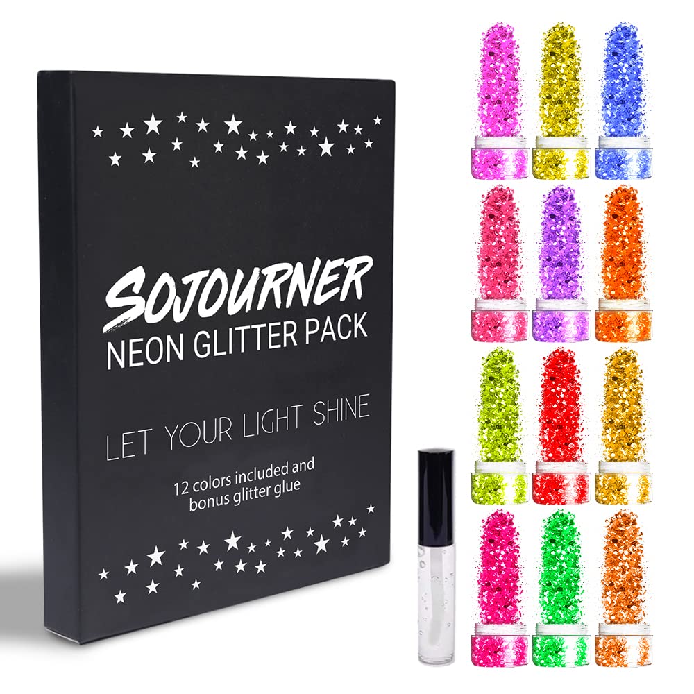 SoJourner Bags Neon Holographic Glitter – 12 Colors + Glitter Glue for Face, Hair & Nails