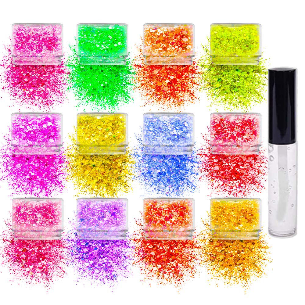 SoJourner Bags Neon Holographic Glitter – 12 Colors + Glitter Glue for Face, Hair & Nails