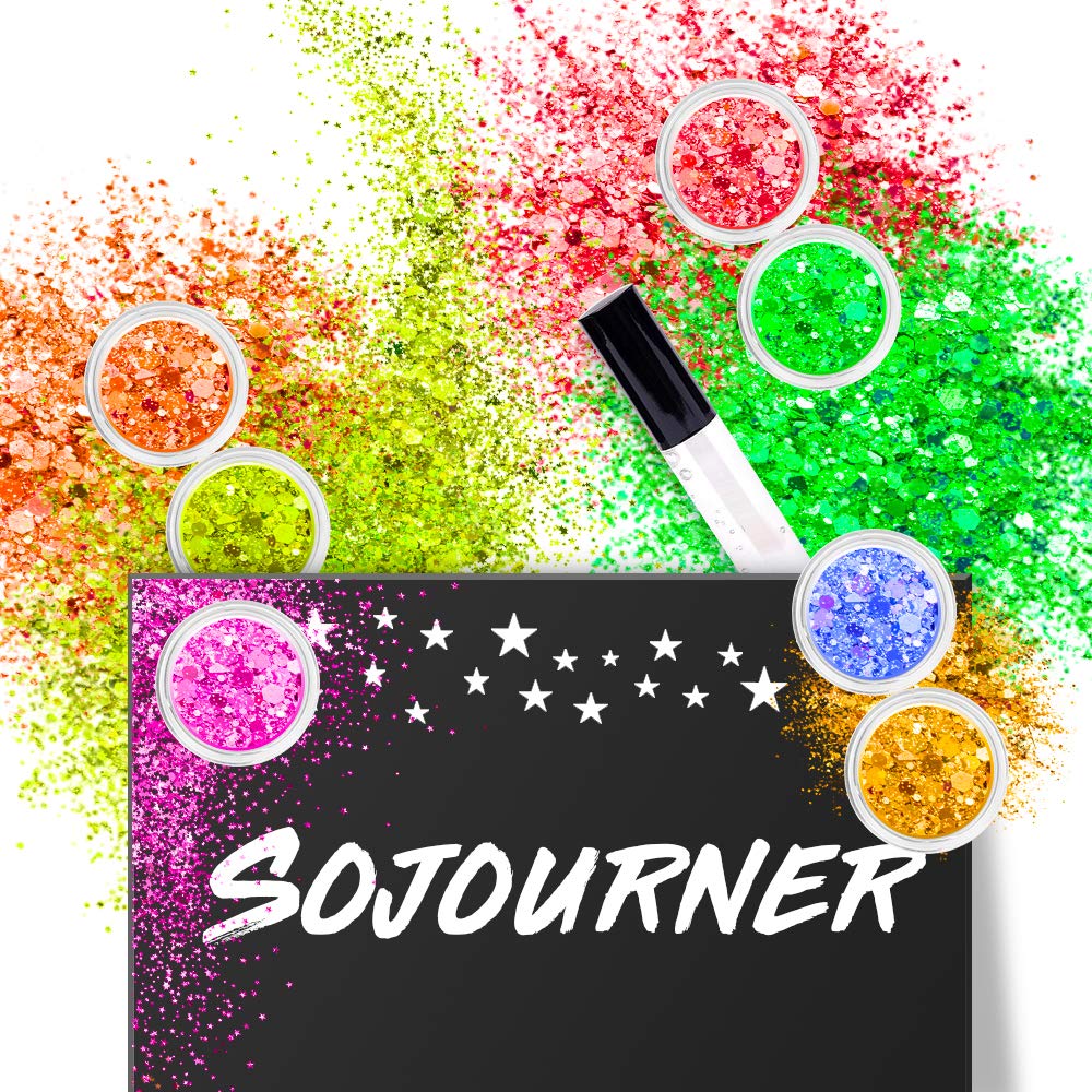 SoJourner Bags Neon Holographic Glitter – 12 Colors + Glitter Glue for Face, Hair & Nails